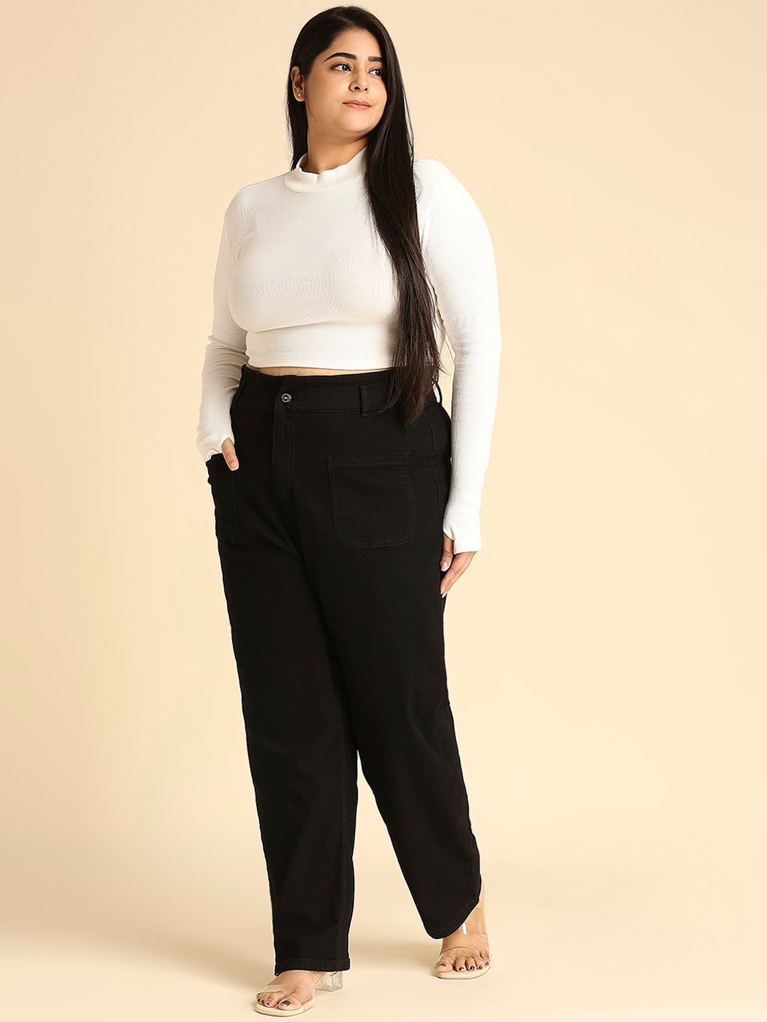 

High Star Women Plus Size Black Straight Fit High-Rise Stretchable Jeans