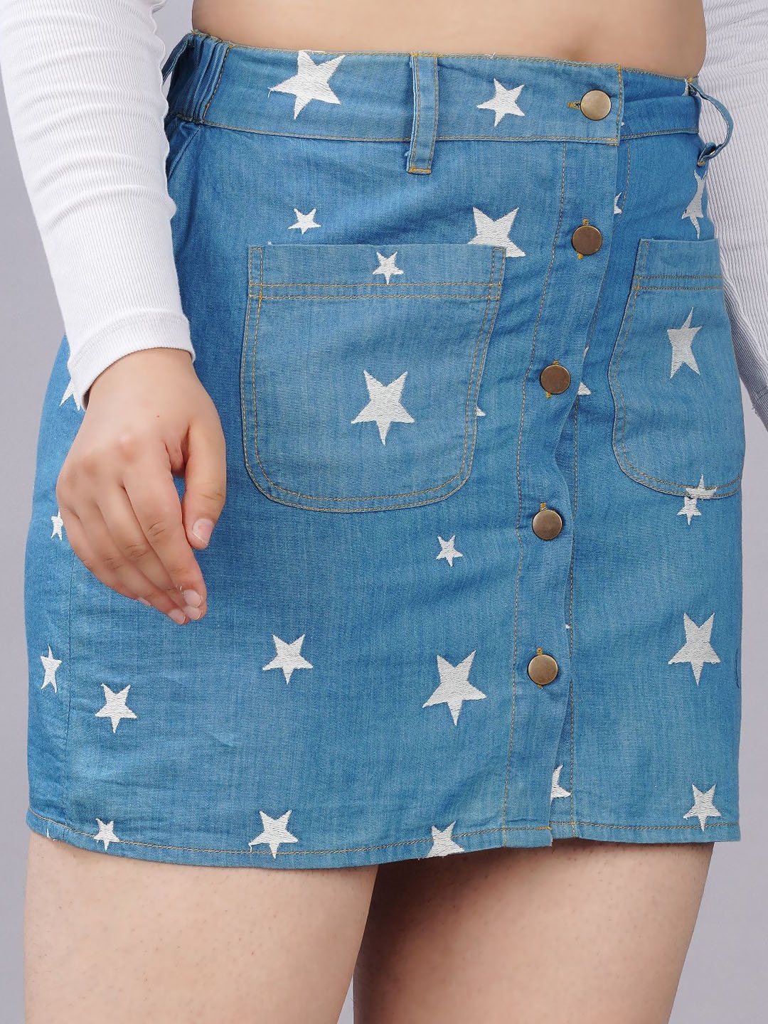 

SUMAVI-FASHION Women Blue Printed Mini Straight Denim Skirts