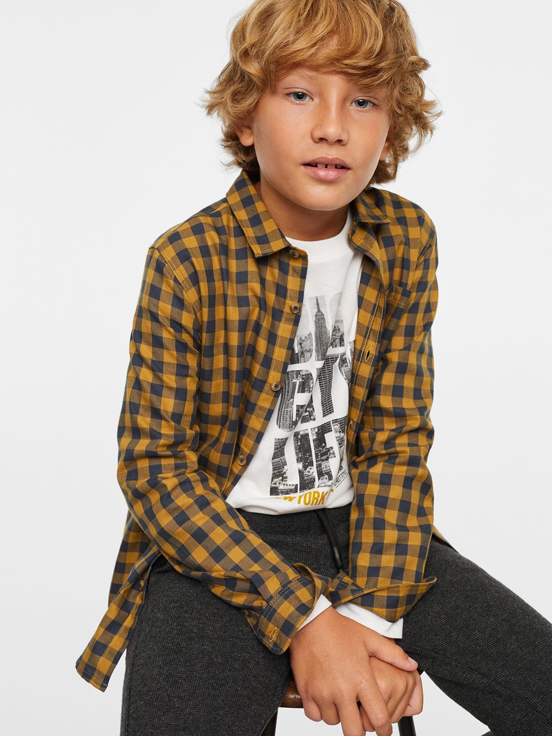 

Mango Kids Boys Gingham Checked Pure Cotton Sustainable Shirt, Mustard