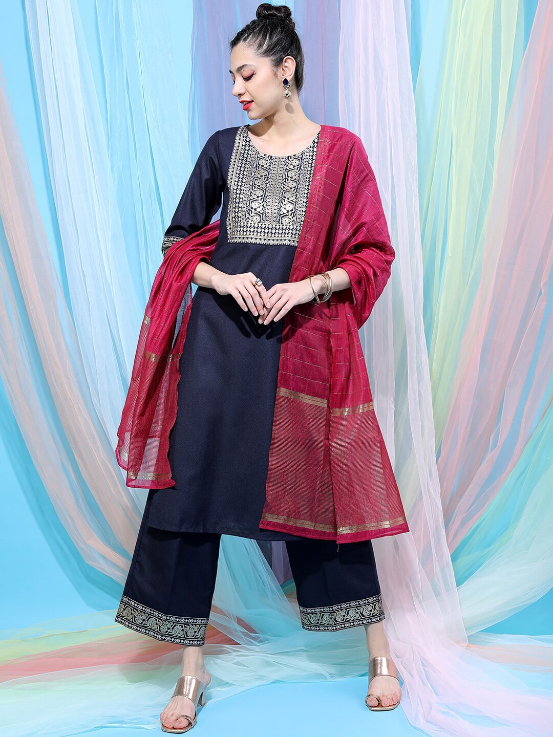 

Vishudh Women Navy Blue Ethnic Motifs Printed Kurta with Palazzos & With Dupatta