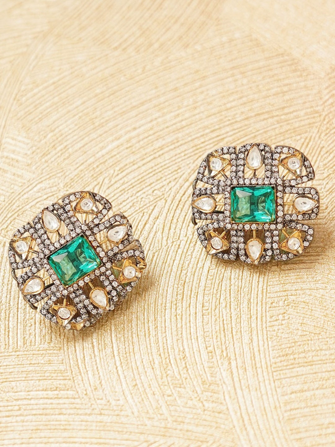 

AURAA TRENDS Turquoise Blue & White Gold-Played Kundan Studded Earrings