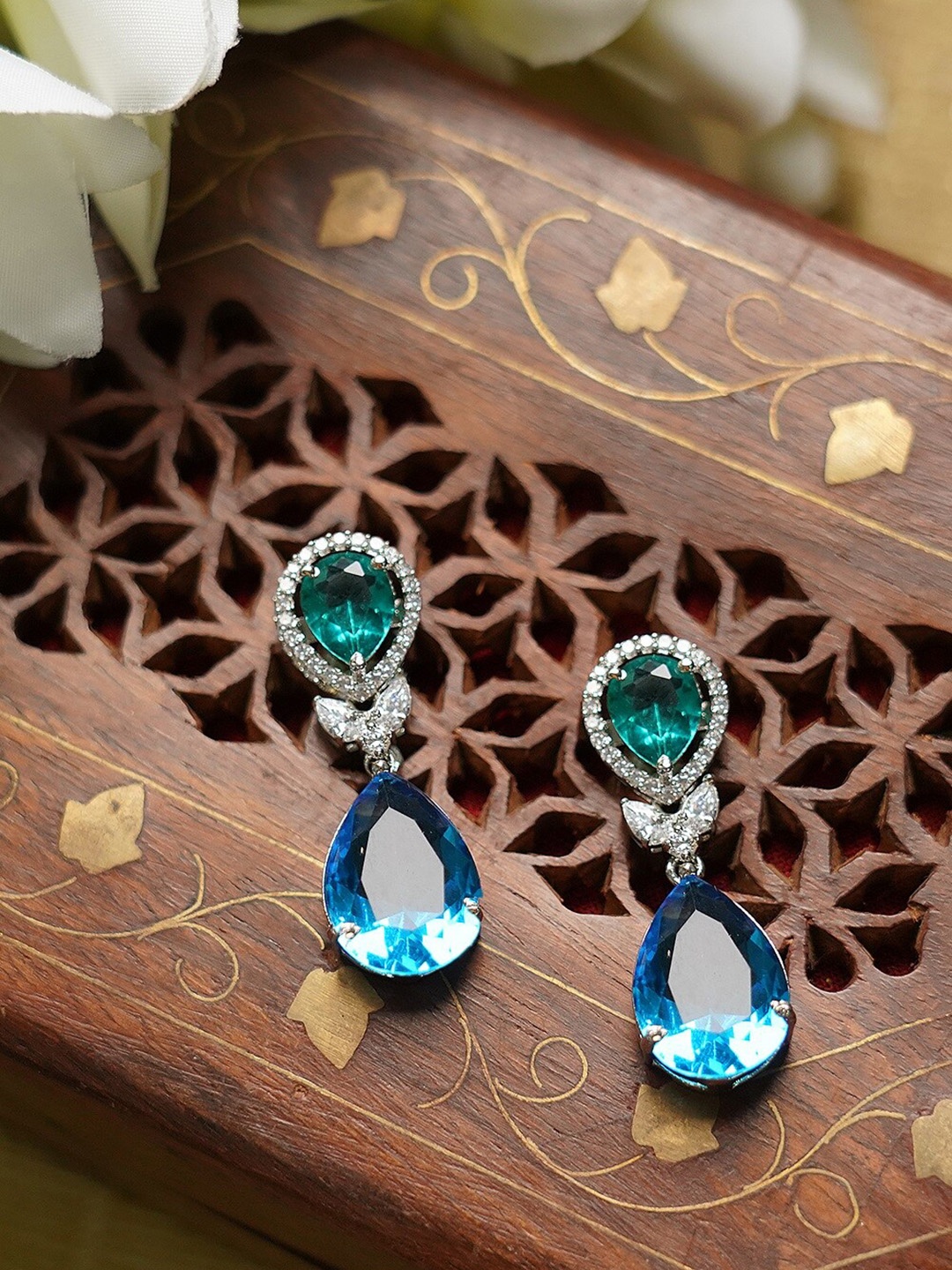 

AURAA TRENDS Turquoise Blue & White Silver-Plated Diamond Studded Drop Earrings
