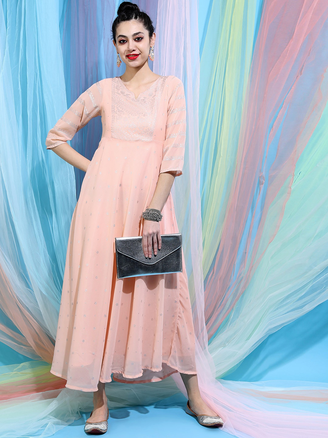 

Vishudh Peach-Coloured & Silver-Toned Floral Ethnic Maxi Dress