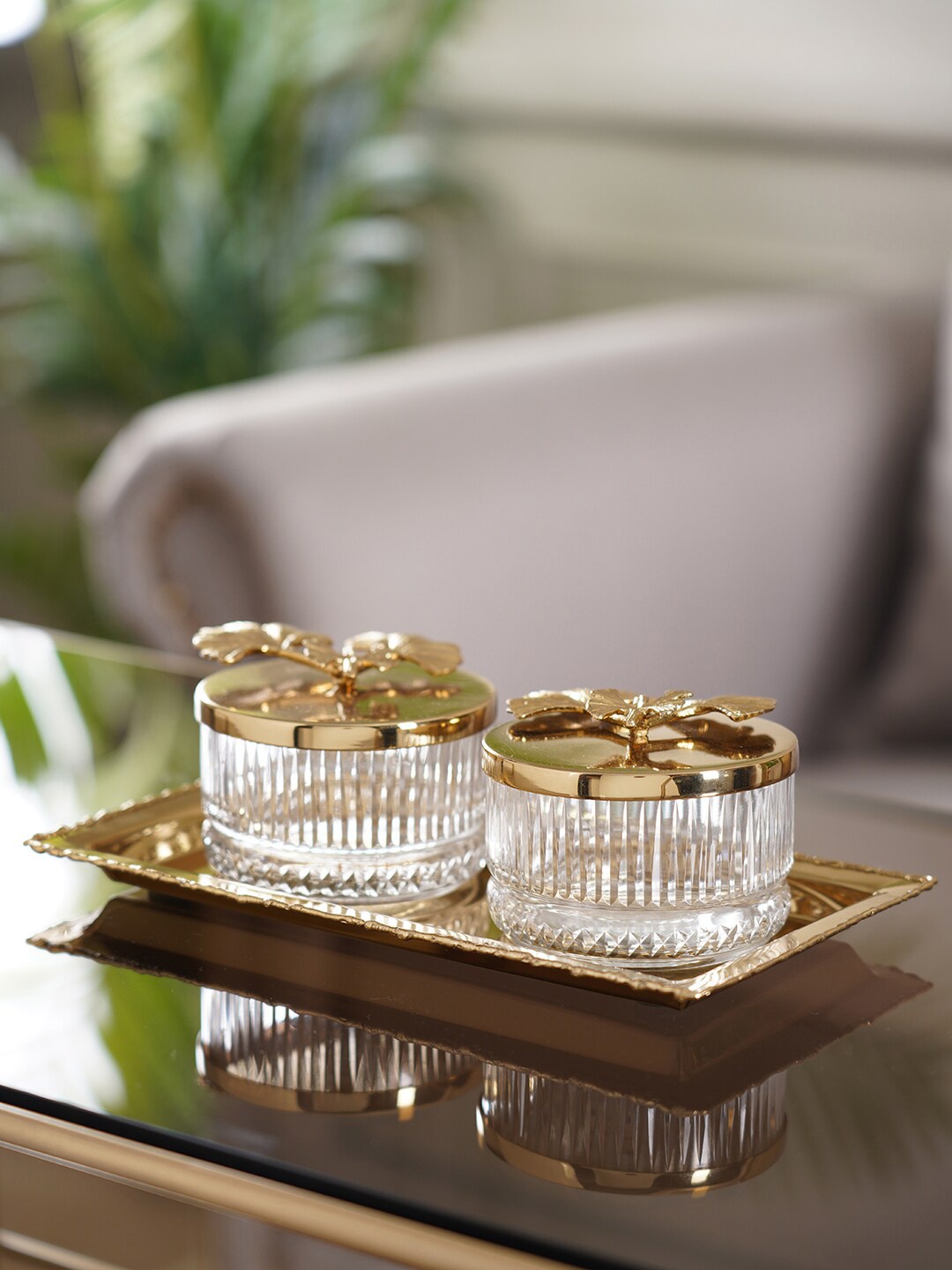 

Pure Home and Living Set Of 2 Gold-Toned Solid Glass Jars With Lid & Tray