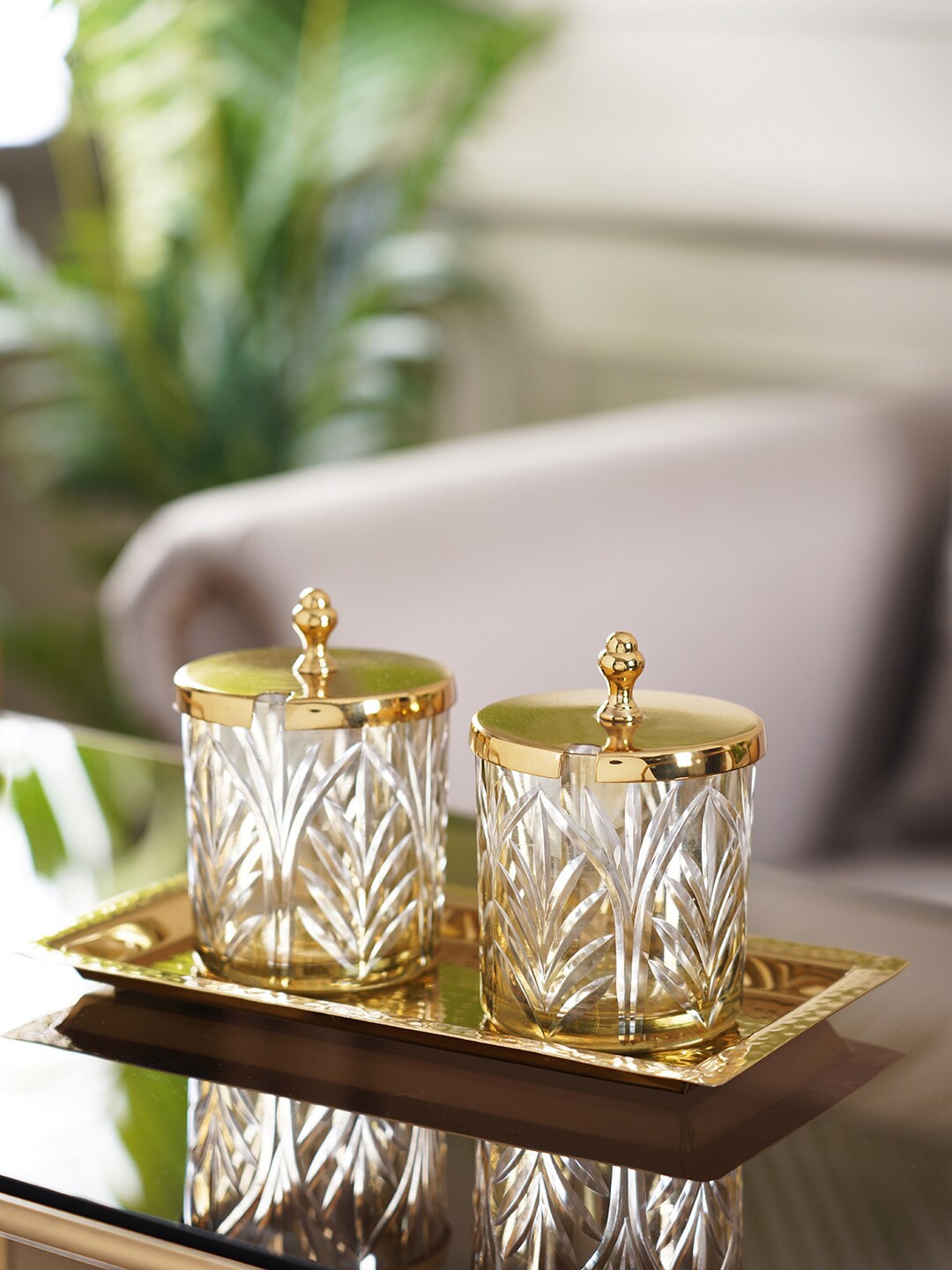 

Pure Home and Living Set Of 3 Gold-Toned Glass Jars with Lid and Tray Serveware