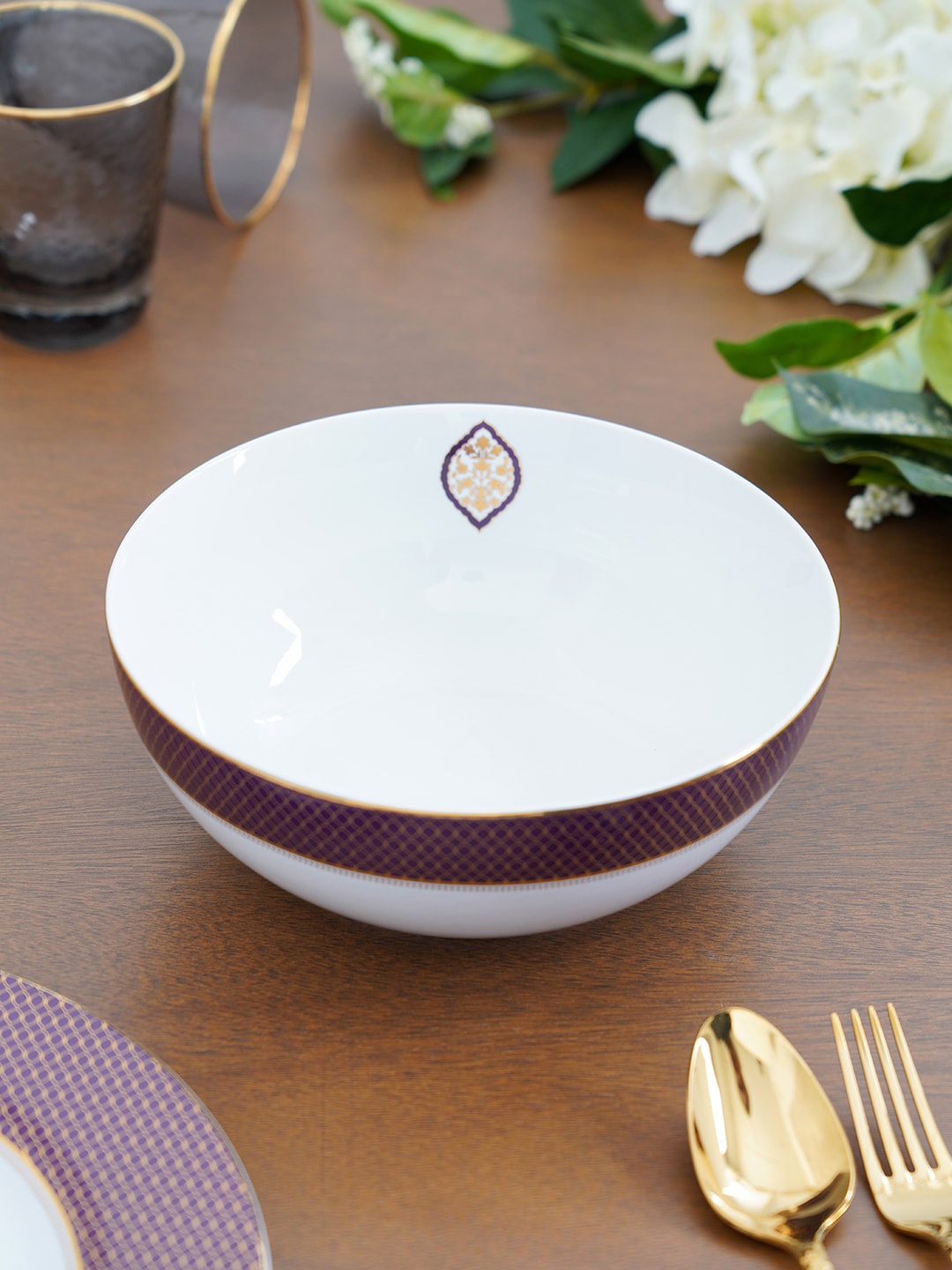 

Pure Home and Living White & Purple Printed Serving Bowl