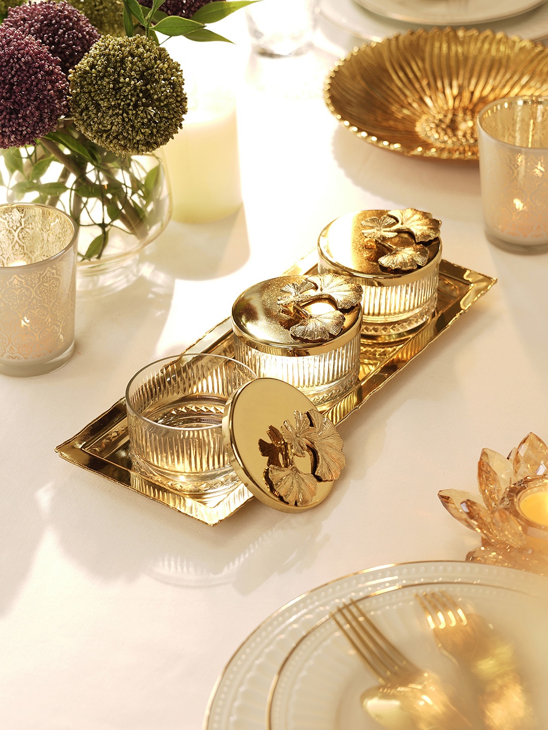 

Pure Home and Living Set of 3 Gold-Toned Textured Jar With Lid & Tray