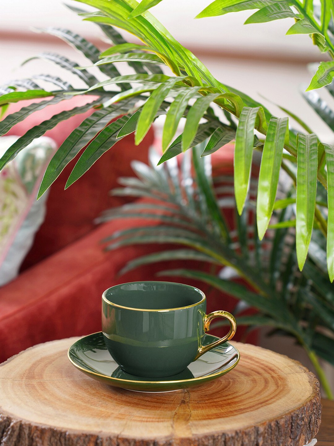 

Pure Home and Living Set of 2 Green & Gold-Toned Porcelain Cups & Saucers 330ml each