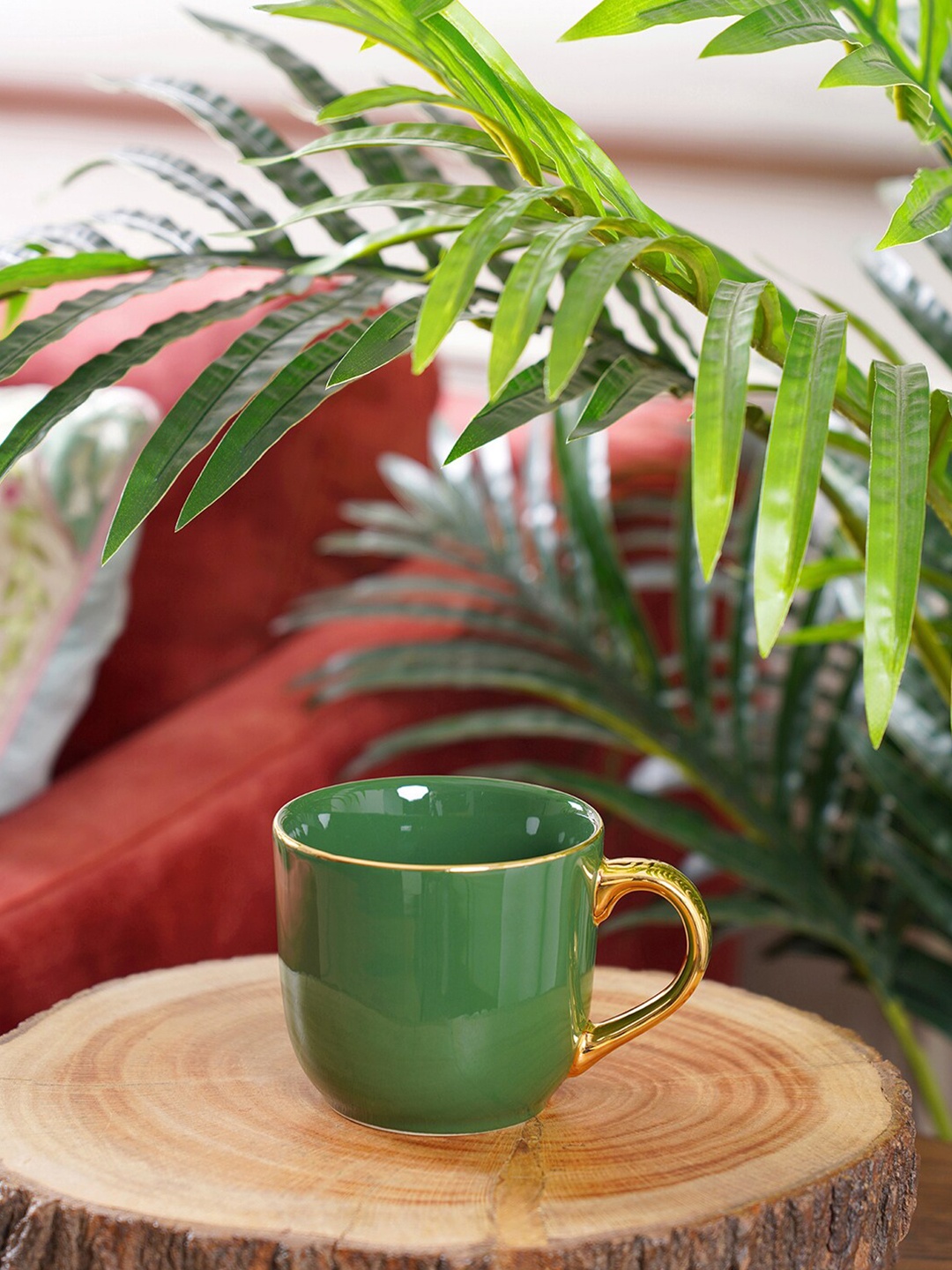 

Pure Home and Living Set of 2 Green & Gold-Toned Porcelain Glossy Mugs 330ml each