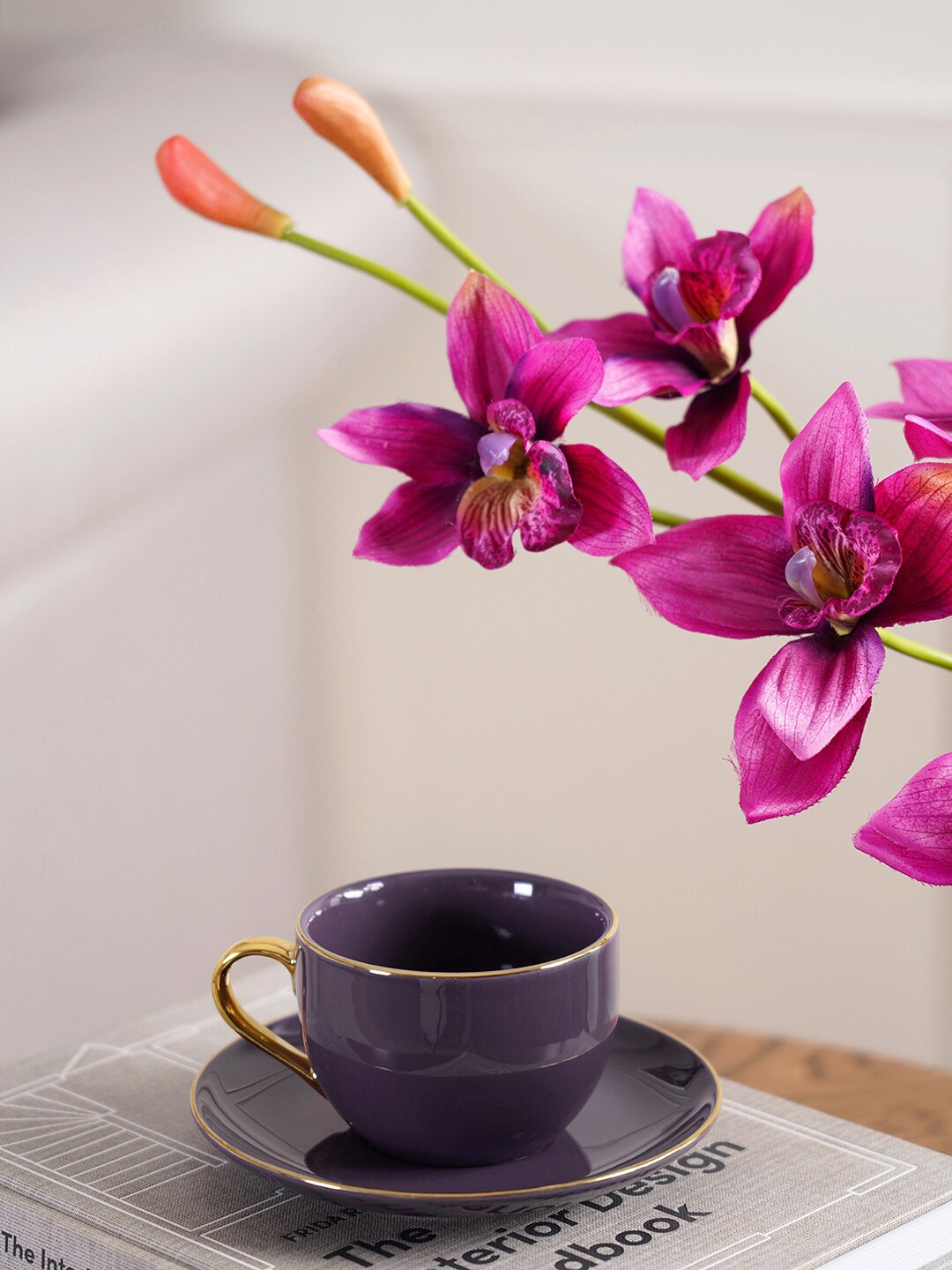 

Pure Home and Living Set Of 2 Purple & Gold-Toned Porcelain Cup and Saucers 330ml each