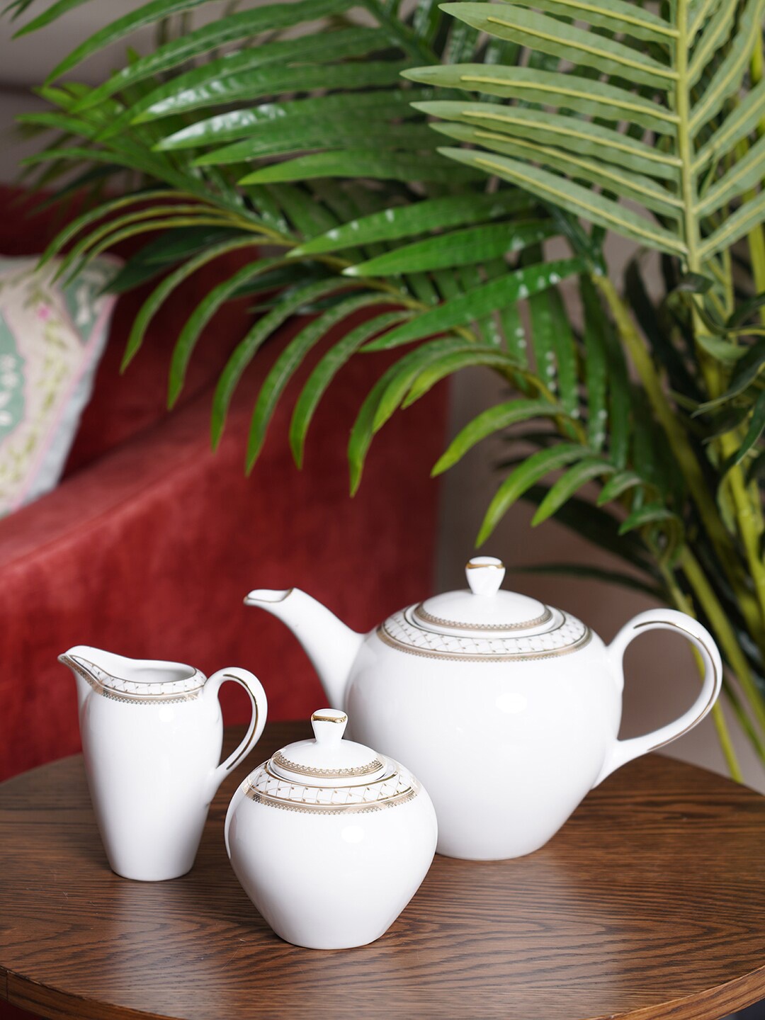 

Pure Home and Living 3Pieces White & Gold-Toned Printed Porcelain Glossy Kettle Set