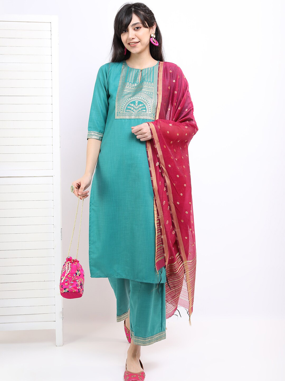 

Vishudh Women Sea Green Ethnic Motifs Printed Kurta with Palazzos & With Dupatta