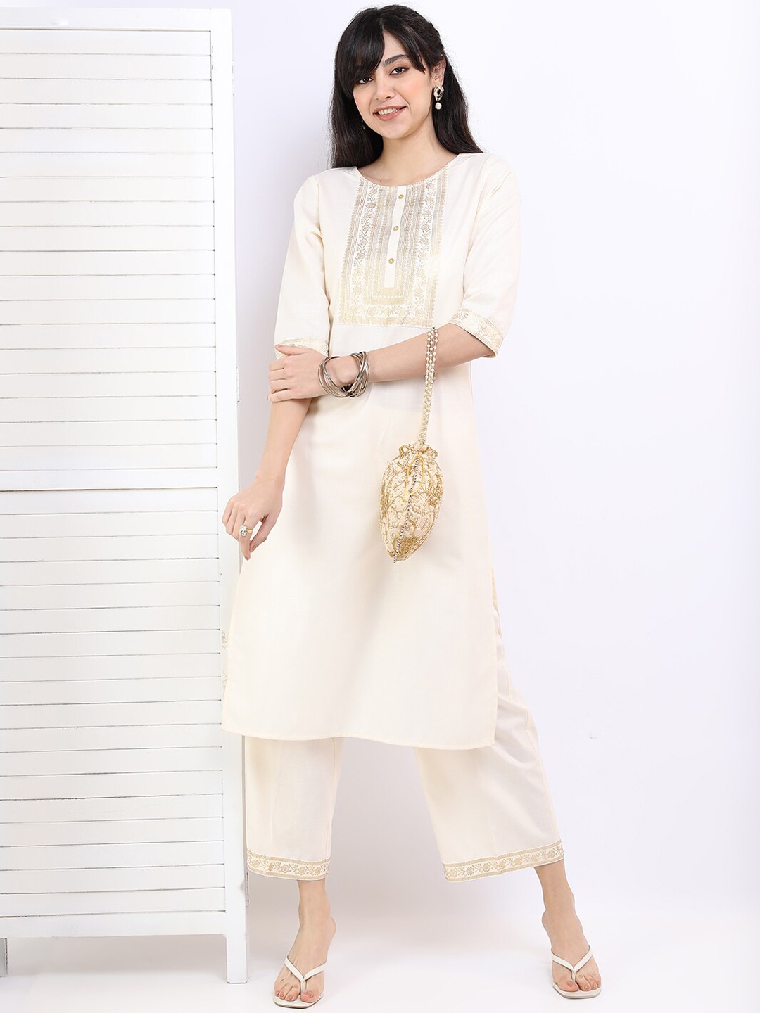 

Vishudh Women Ethnic Motifs Printed Kurta with Palazzos, Cream
