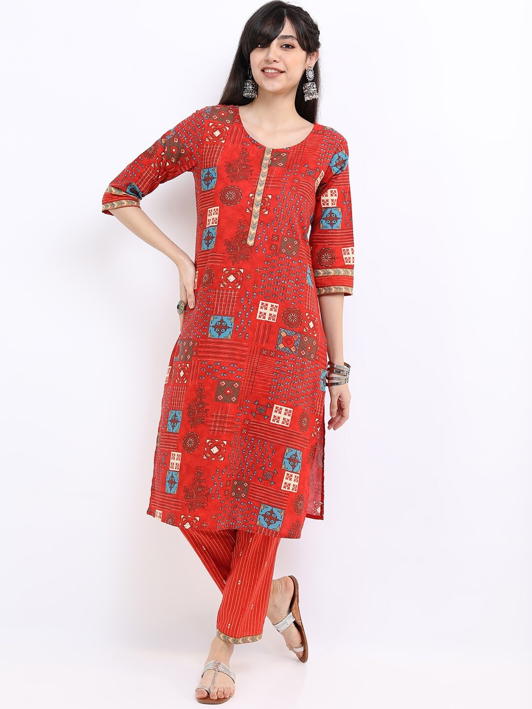 

Vishudh Women Ethnic Motifs Printed Pure Cotton Kurta with Trousers, Rust