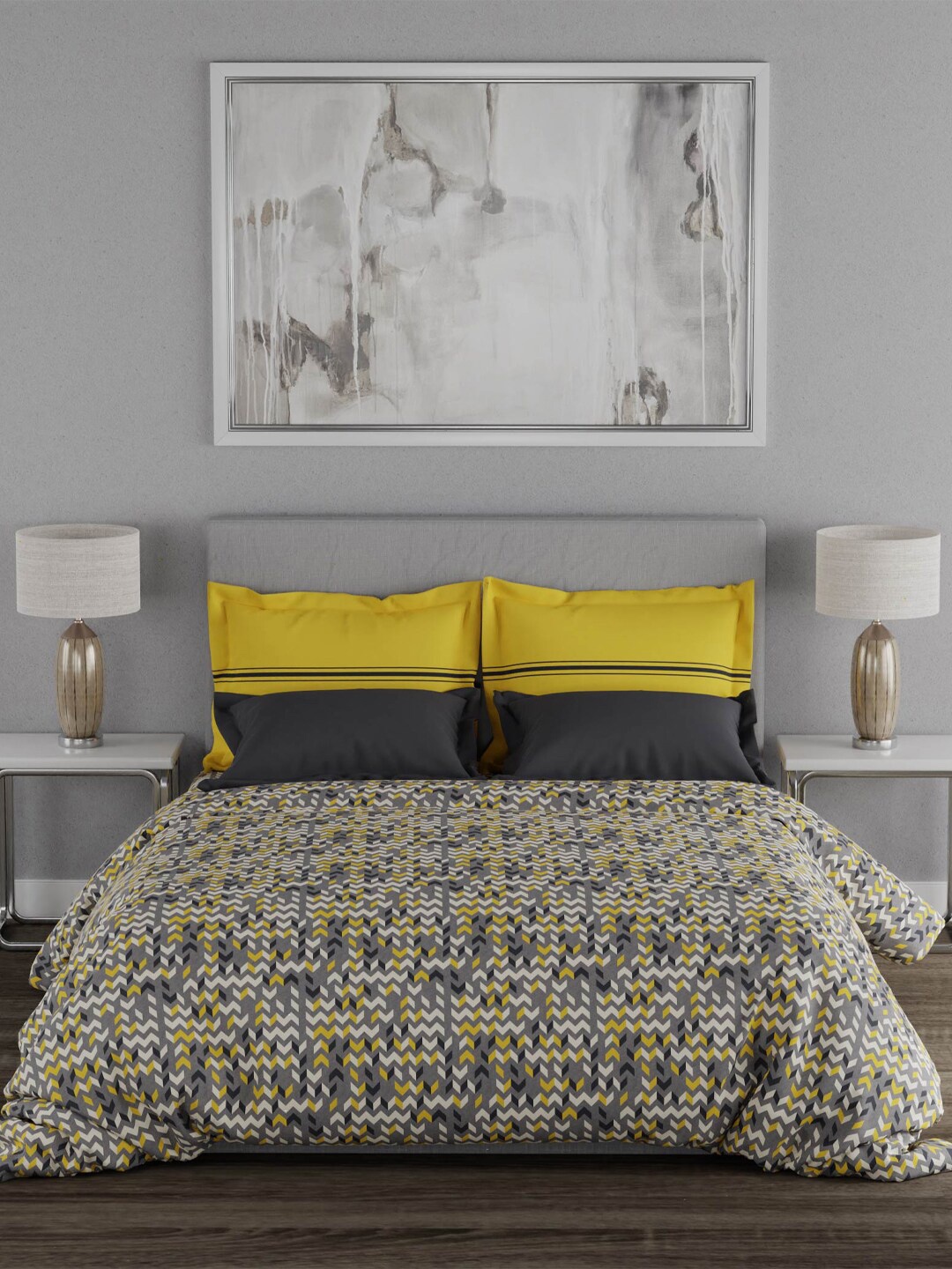 

MYTRIDENT Geometric 120 TC Queen Bedsheet with 2 Pillow Covers, Yellow