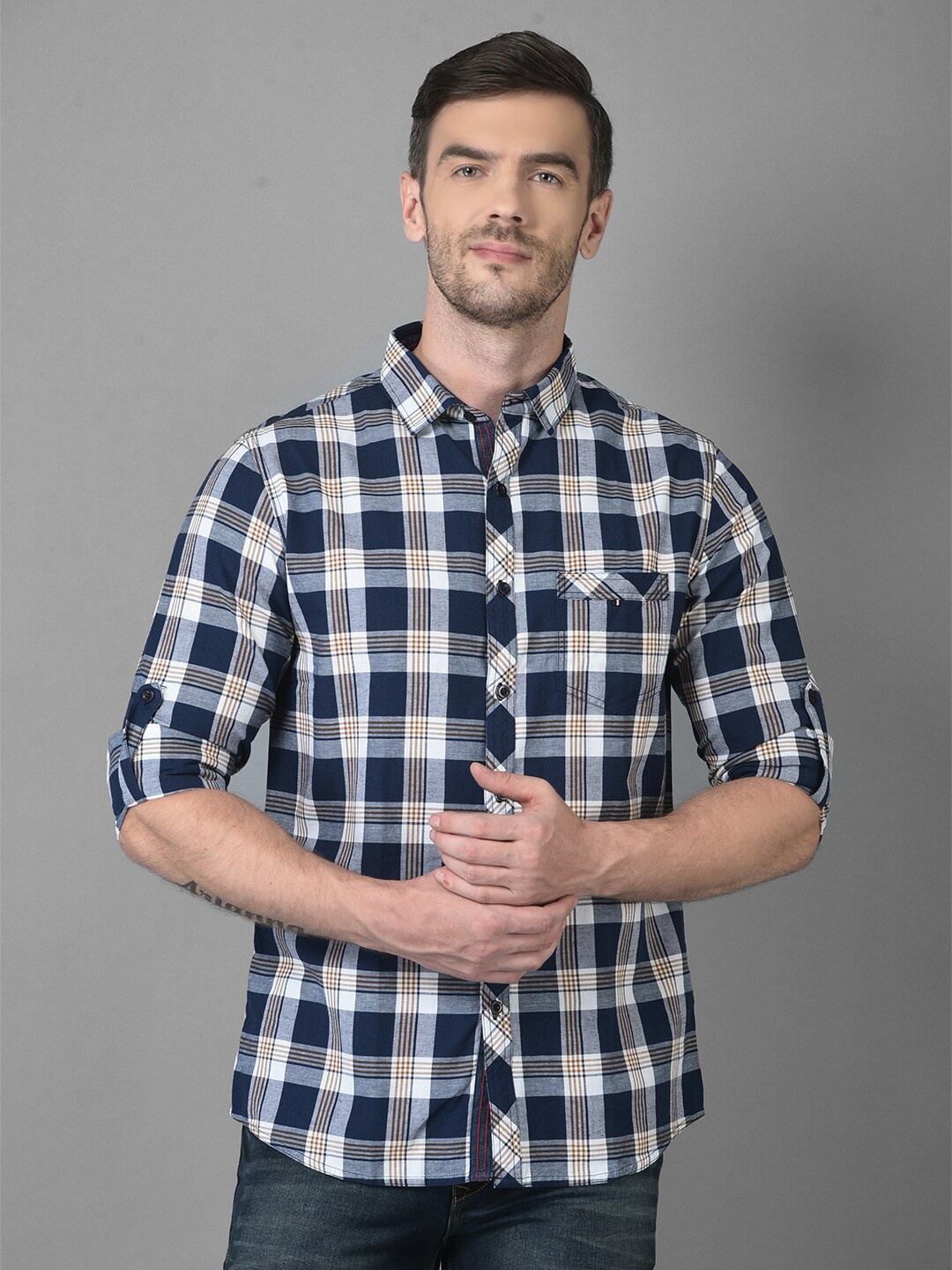 

Canary London Men Navy Blue Smart Slim Fit Tartan Checked Casual Shirt