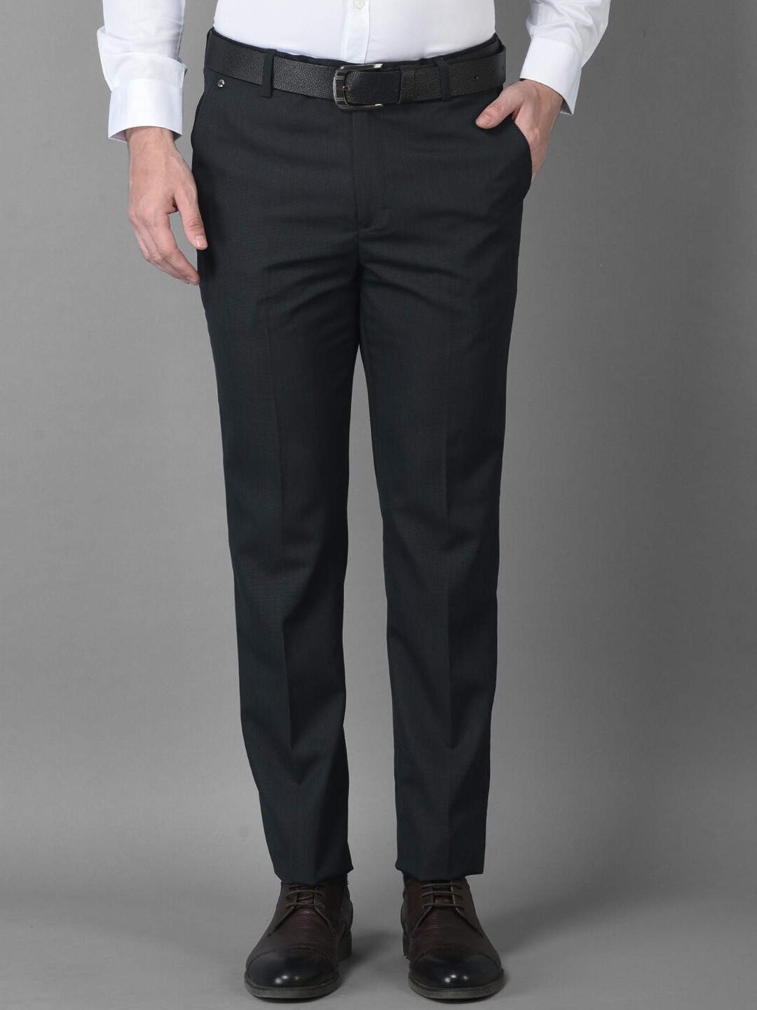 

Canary London Men Navy Blue Smart Slim Fit Wrinkle Free Trousers
