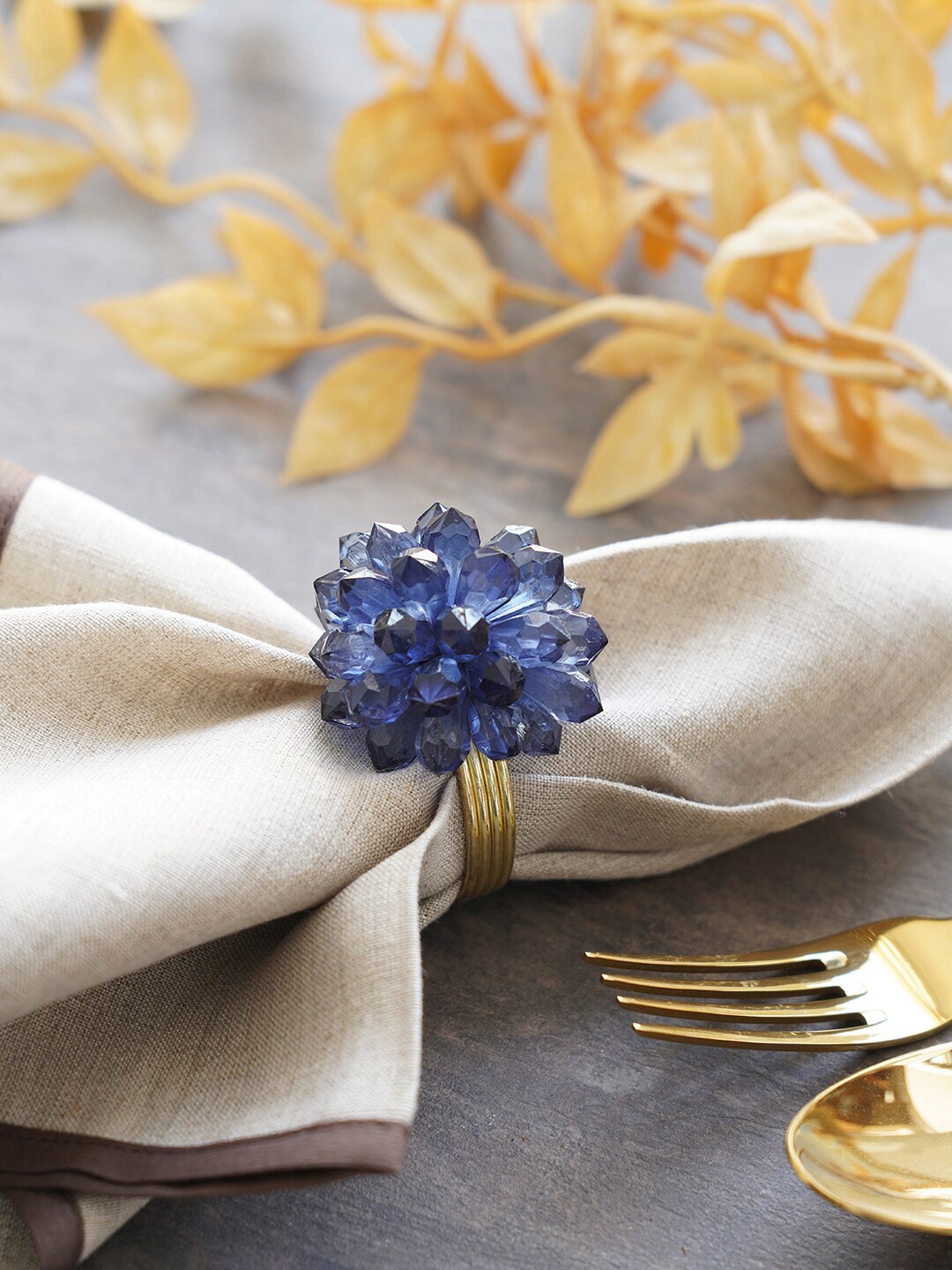 

Pure Home and Living Set Of 4 Gold-Toned & Blue Floral Napkins