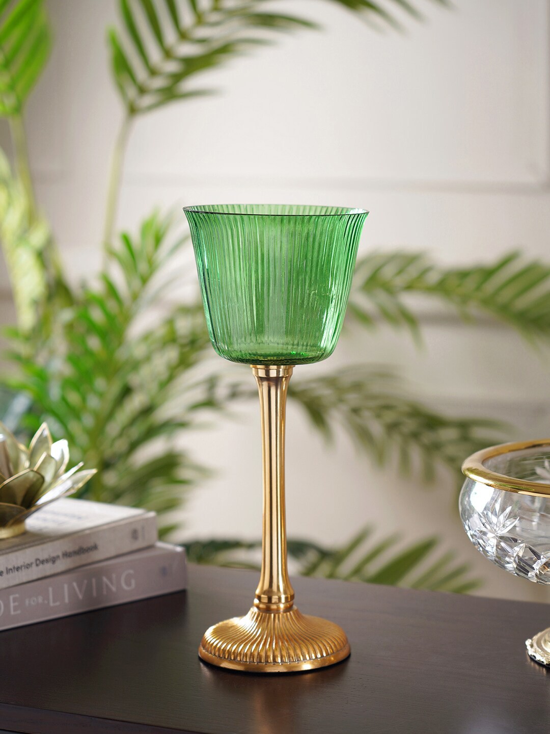 

Pure Home and Living Green & Gold Toned Metal & Glass Candle Holders