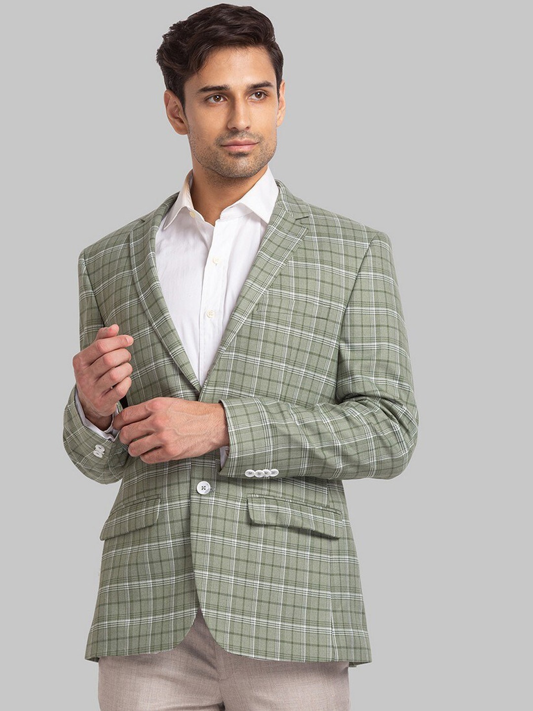 

Park Avenue Men Green Checked Slim-Fit Single-Breasted Formal Blazers