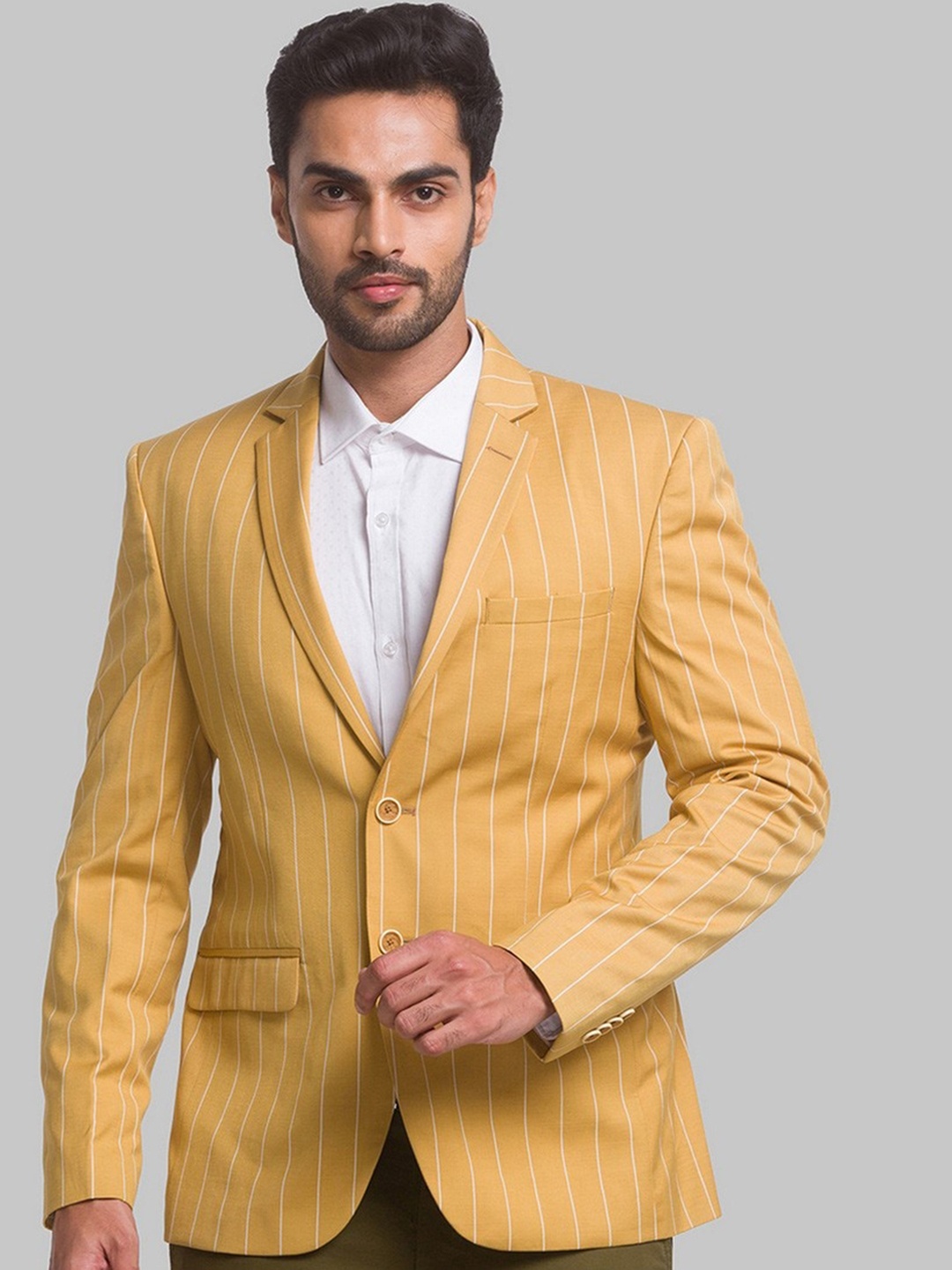 

Park Avenue Men Yellow Striped Single Breasted Blazers