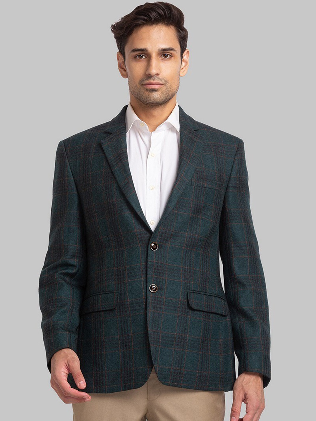 

Park Avenue Men Teal Blue Checked Single-Breasted Formal Blazers