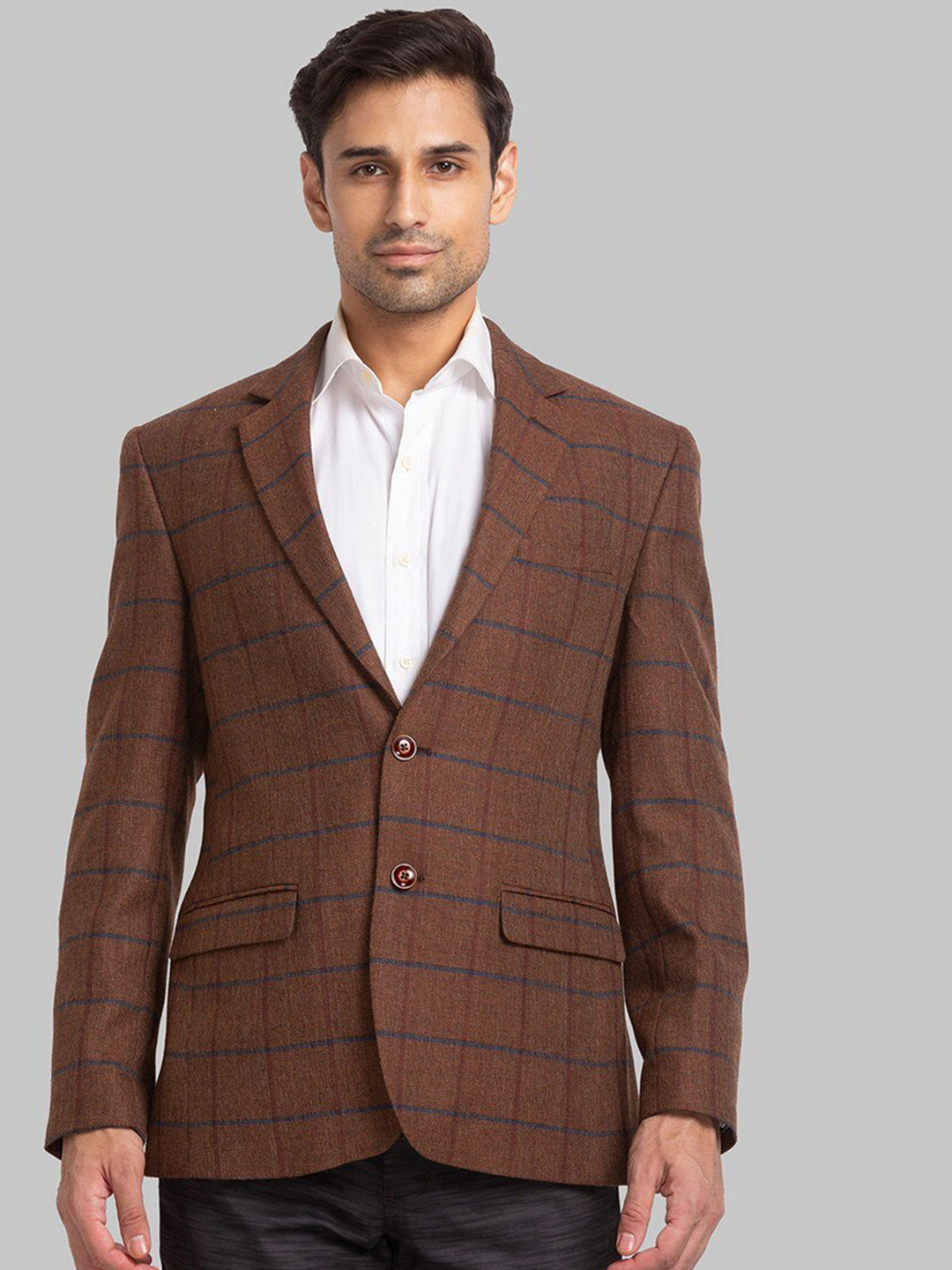 

Park Avenue Men Brown Checked Single Breasted Formal Blazer