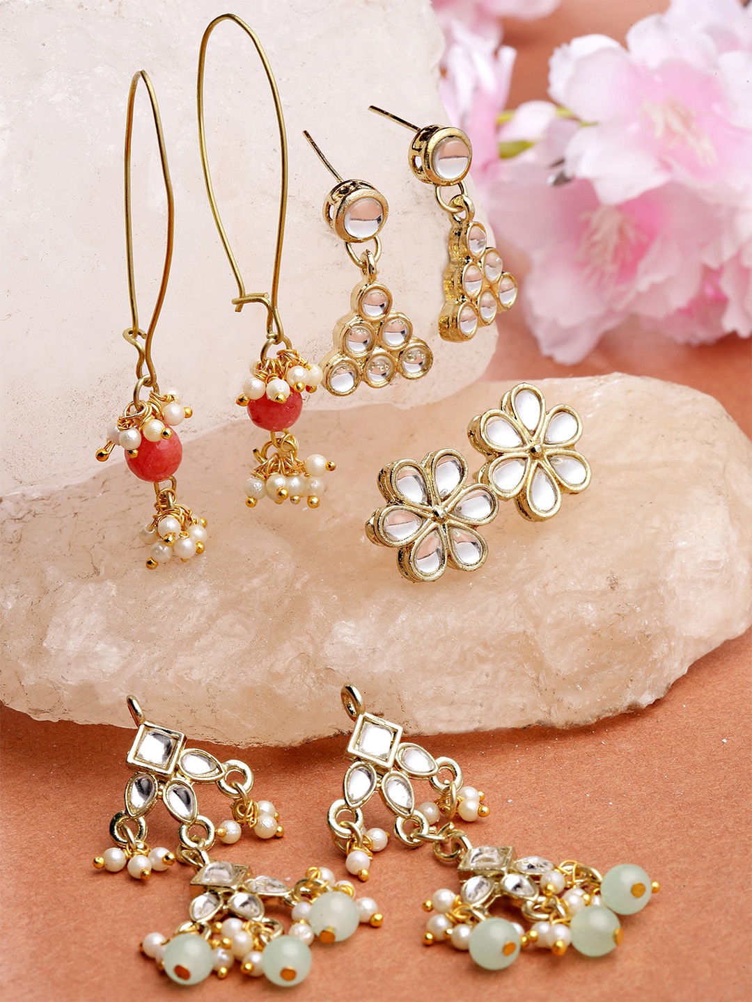 

KARATCART Set of 4 Gold Plated Kundan Classic Drop Earrings, Multi