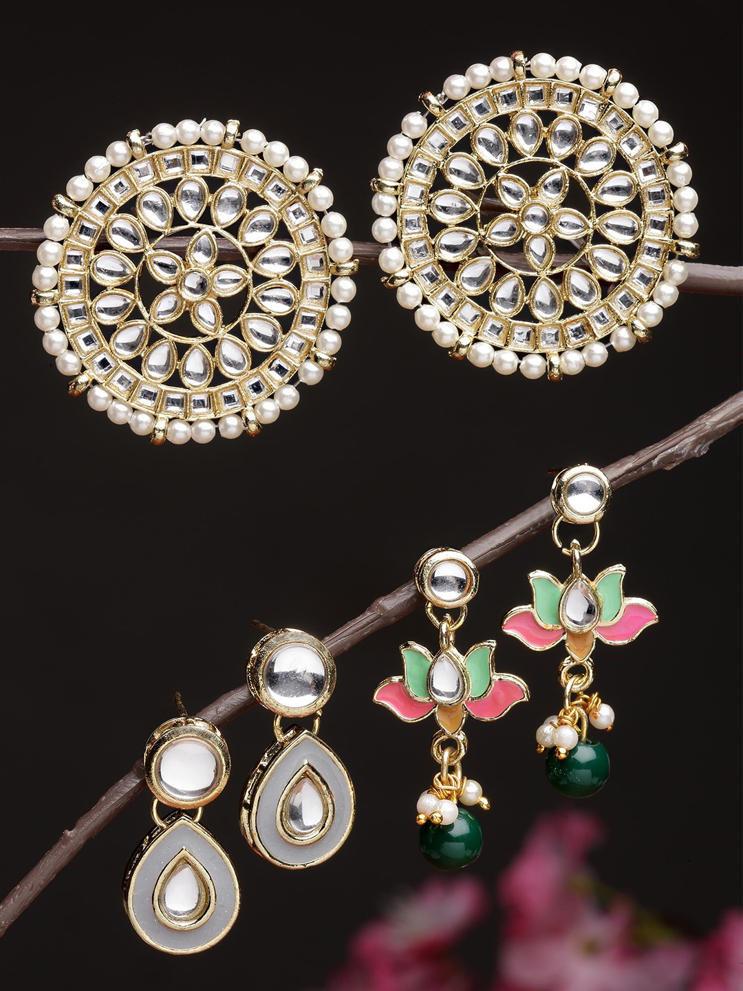 

KARATCART Set of 3 Gold Plated Kundan Classic Drop Earrings, Multi