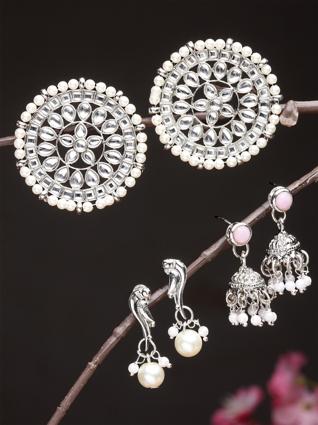 

KARATCART Set of 3 Silver Plated Kundan Classic Drop Earrings, Multi