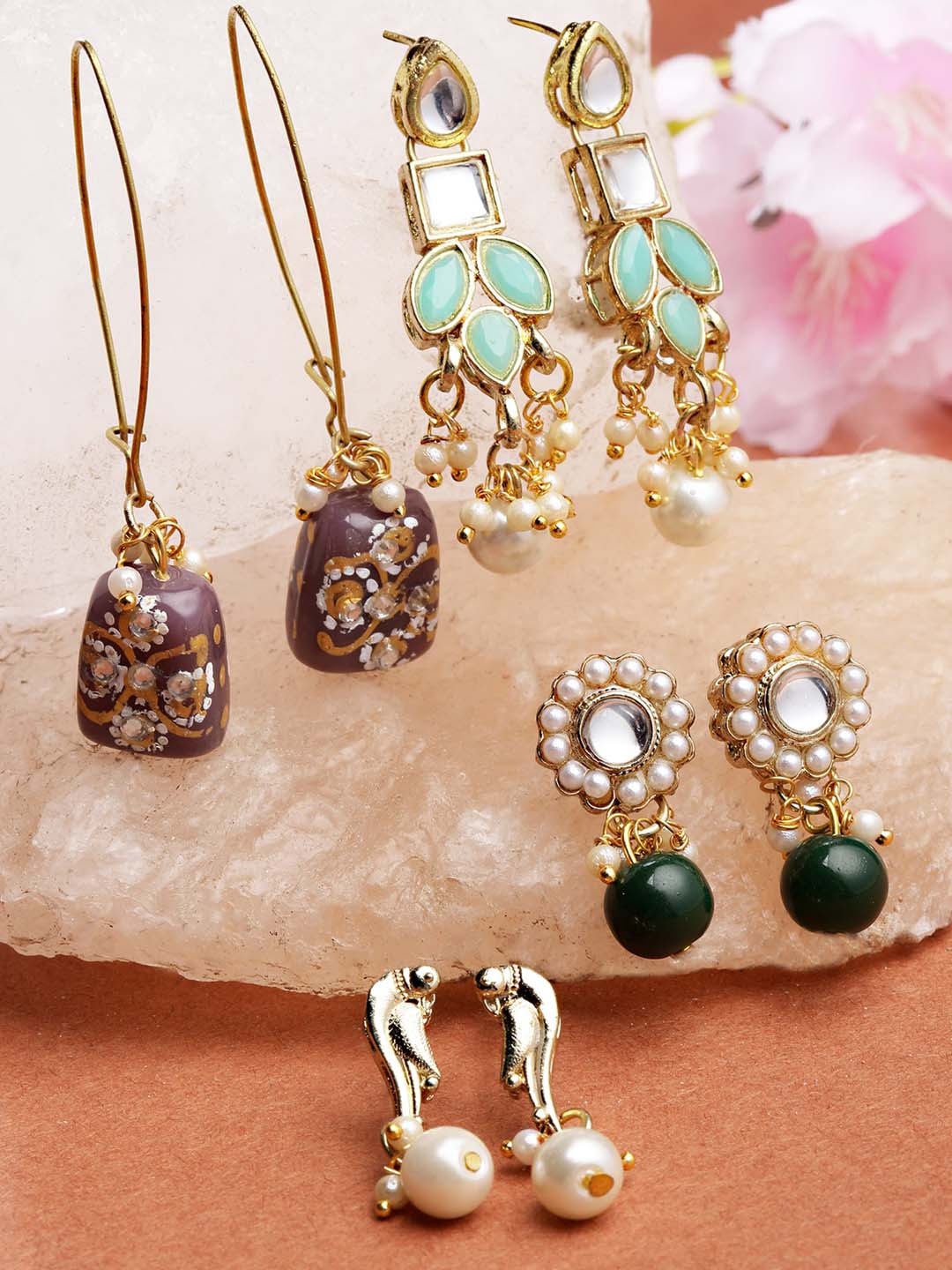 

KARATCART Set of 4 Gold Plated Kundan Classic Drop Earrings, Multi