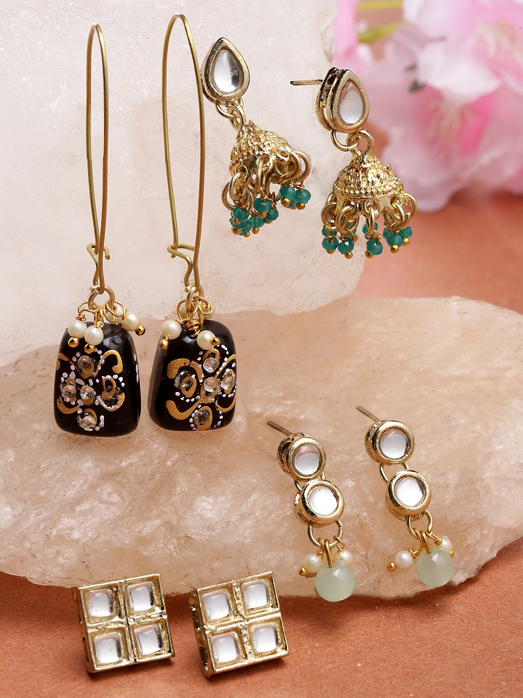 

KARATCART Set of 4 Gold Plated Kundan Classic Drop Earrings, Multi