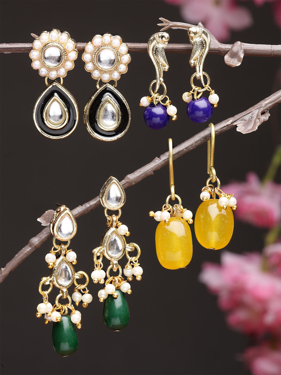 

KARATCART Set of 4 Gold Plated Kundan Classic Drop Earrings, Multi