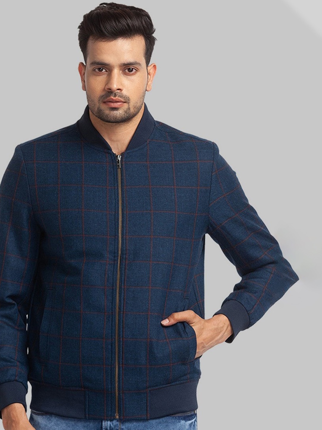 

Park Avenue Men Blue Checked Regular Fit Bomber Jacket