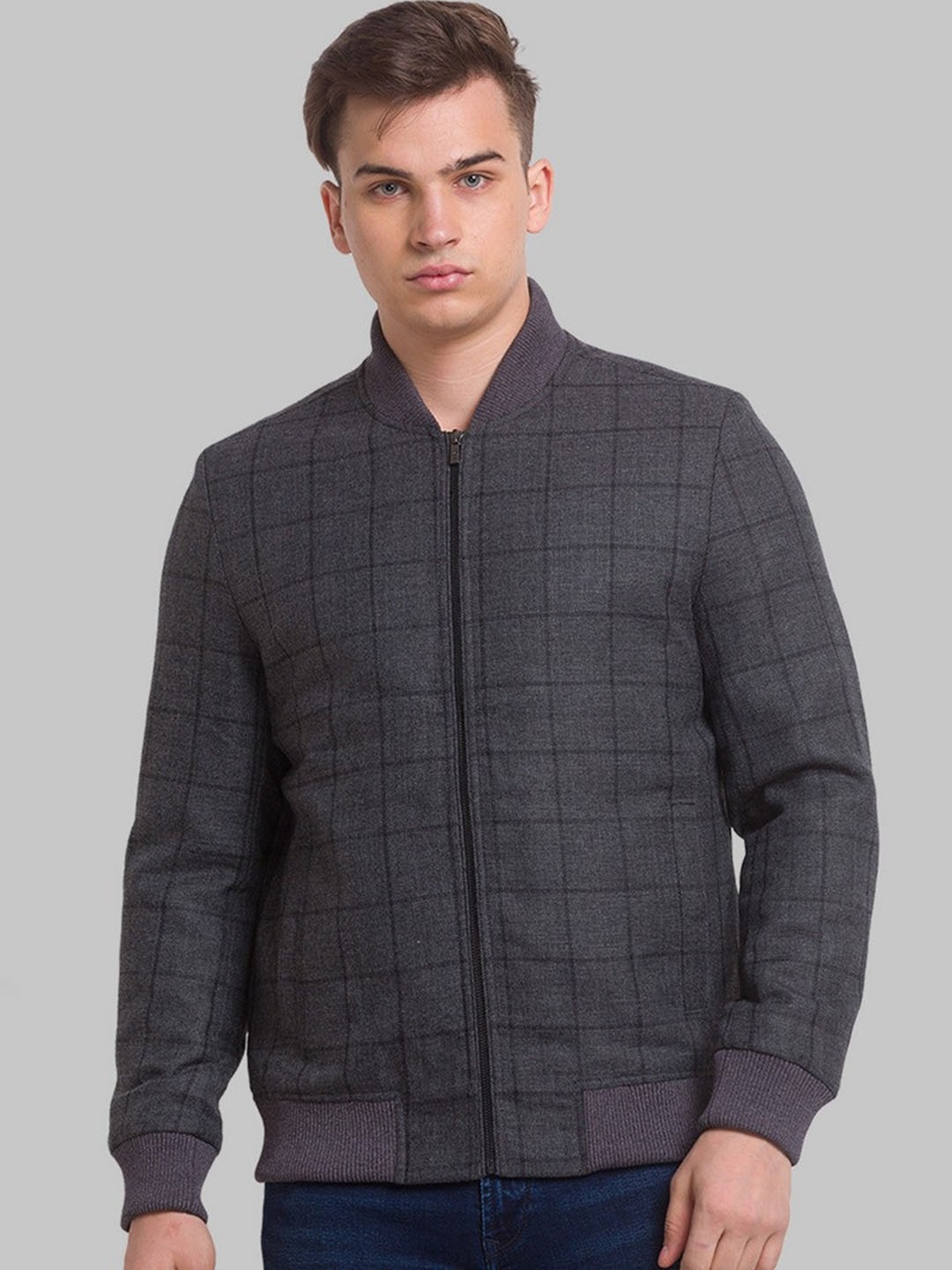 

Park Avenue Men Grey Geometric Checked Bomber Jacket