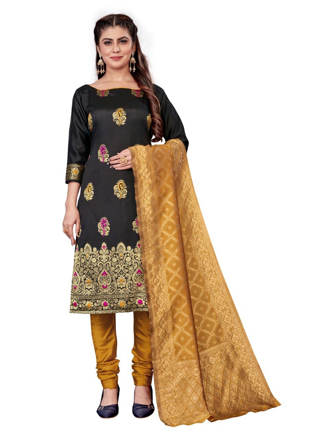 

MORLY Brown & Yellow Dupion Silk Unstitched Dress Material