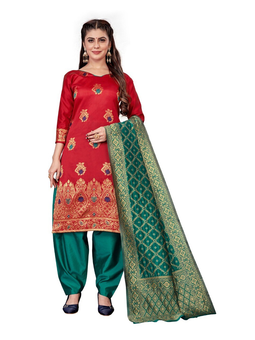 

MORLY Women Red & Green Dupion Silk Unstitched Dress Material