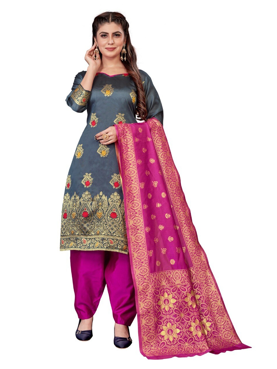 

MORLY Women Grey & Pink Dupion Silk Unstitched Dress Material