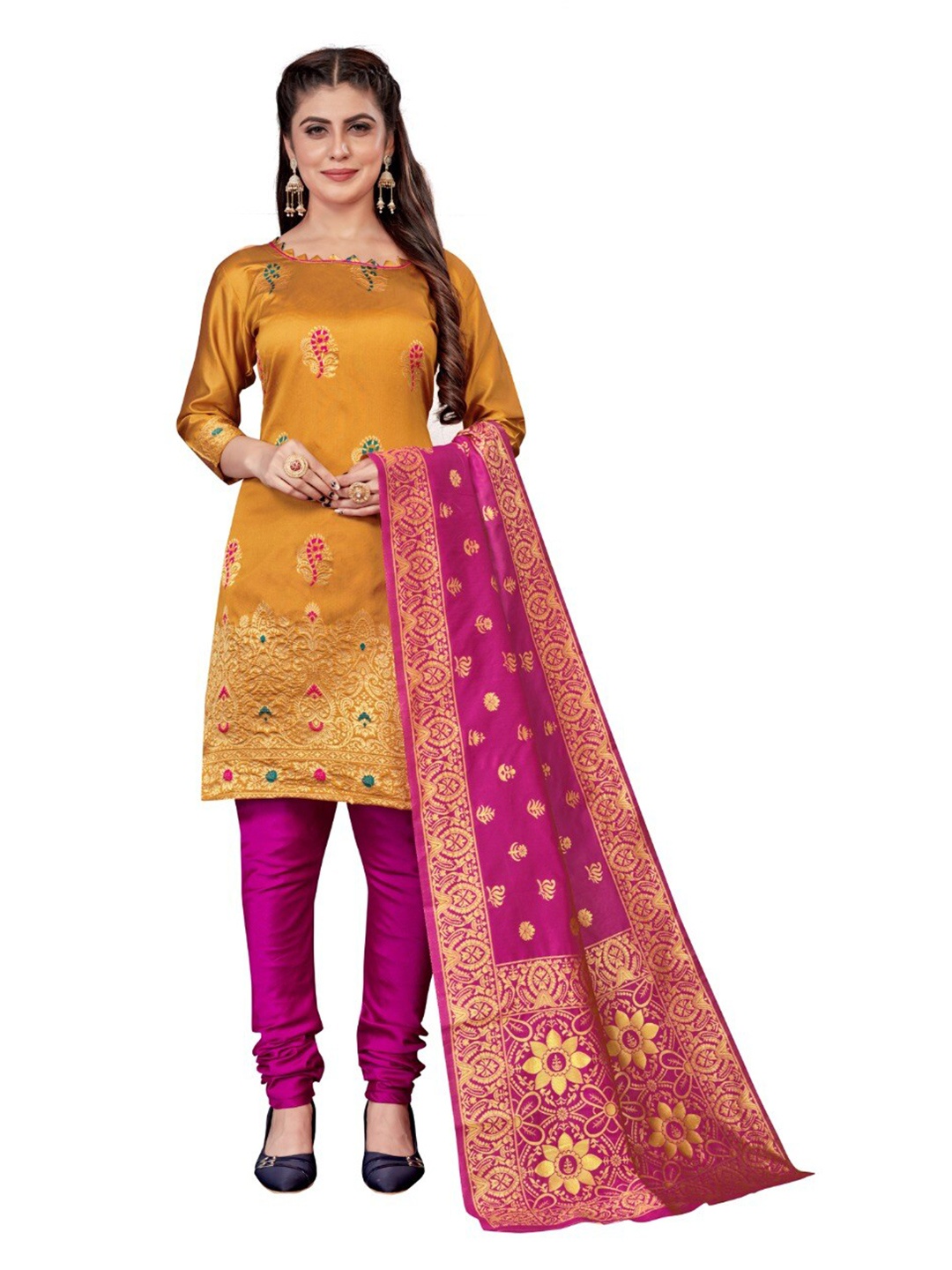 

MORLY Women Yellow & Pink Dupion Silk Unstitched Dress Material
