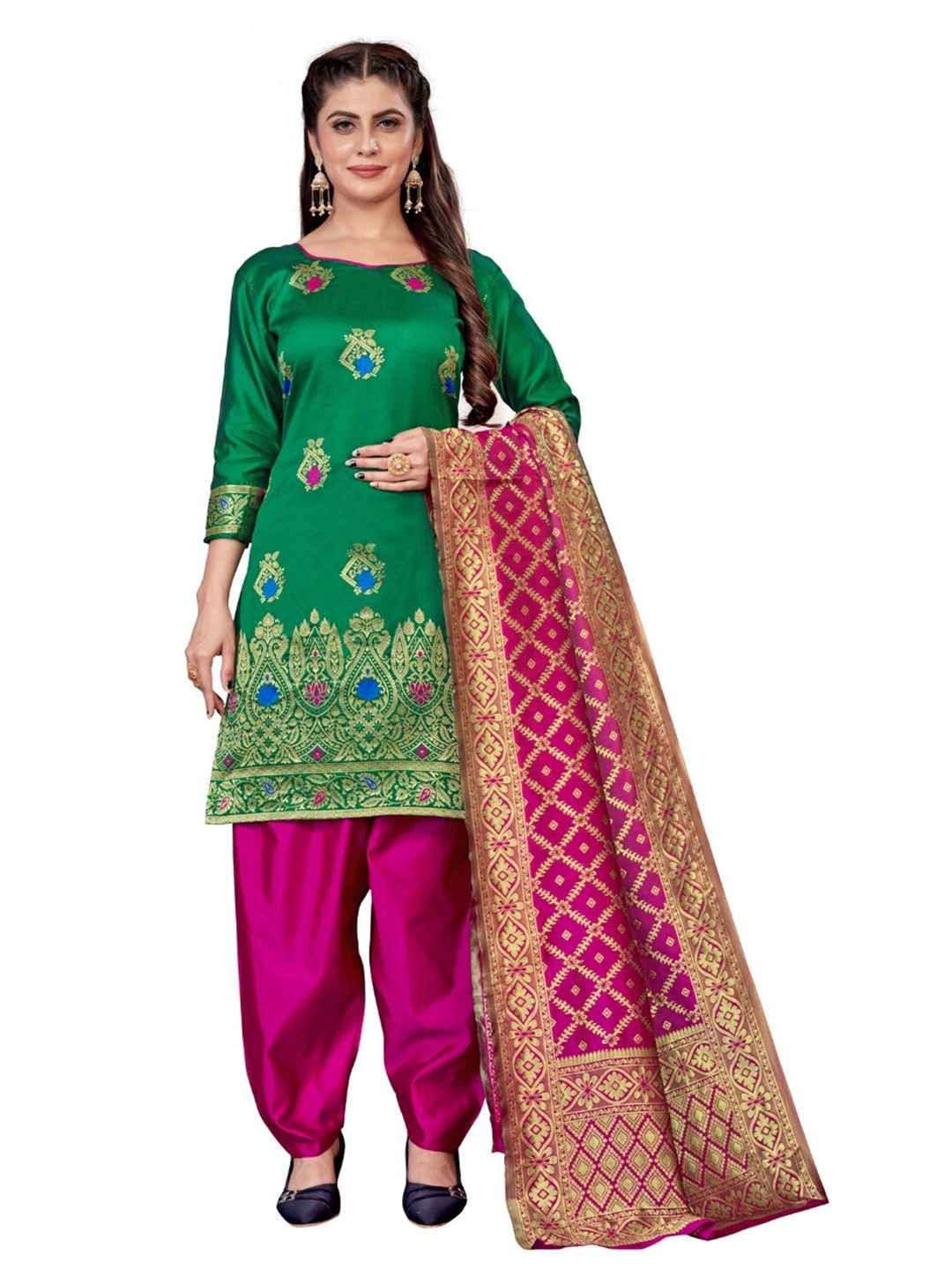 

MORLY Women Sea Green & Pink Dupion Silk Unstitched Dress Material