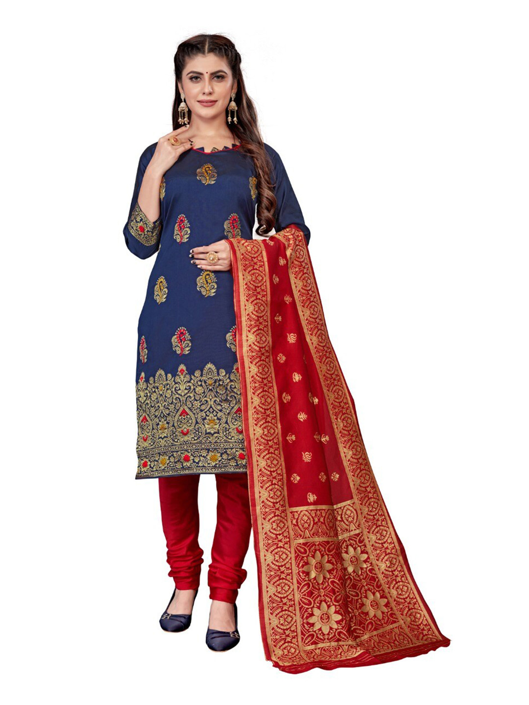 

MORLY Women Blue & Red Dupion Silk Unstitched Dress Material