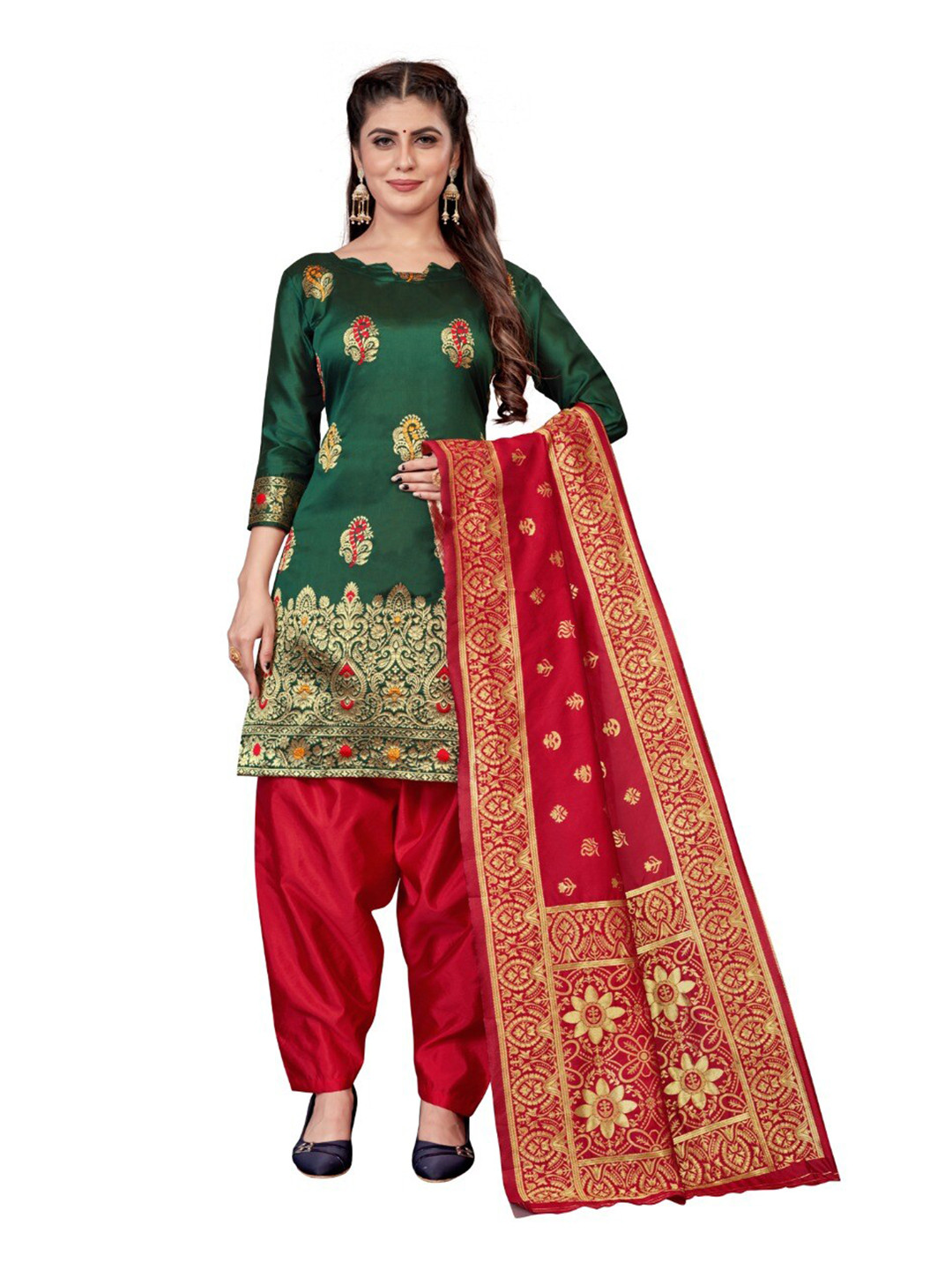 

MORLY Women Green & Red Dupion Silk Unstitched Dress Material