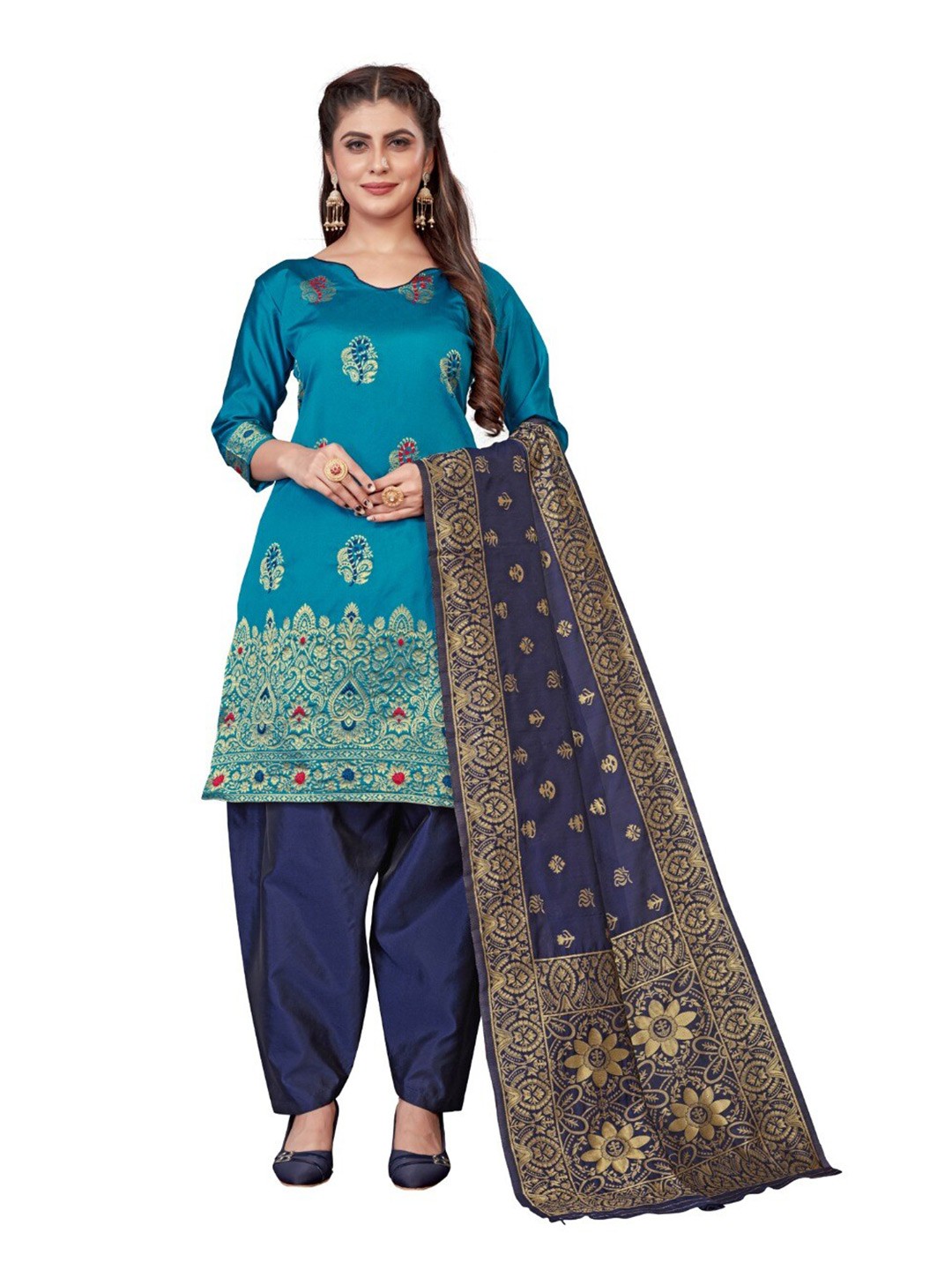 

MORLY Women Turquoise Blue & Navy Blue Dupion Silk Unstitched Dress Material