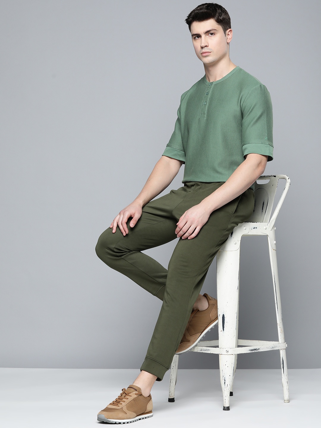 

ether Men Solid Ribbed Drop-Shoulder Sleeves T-shirt, Green