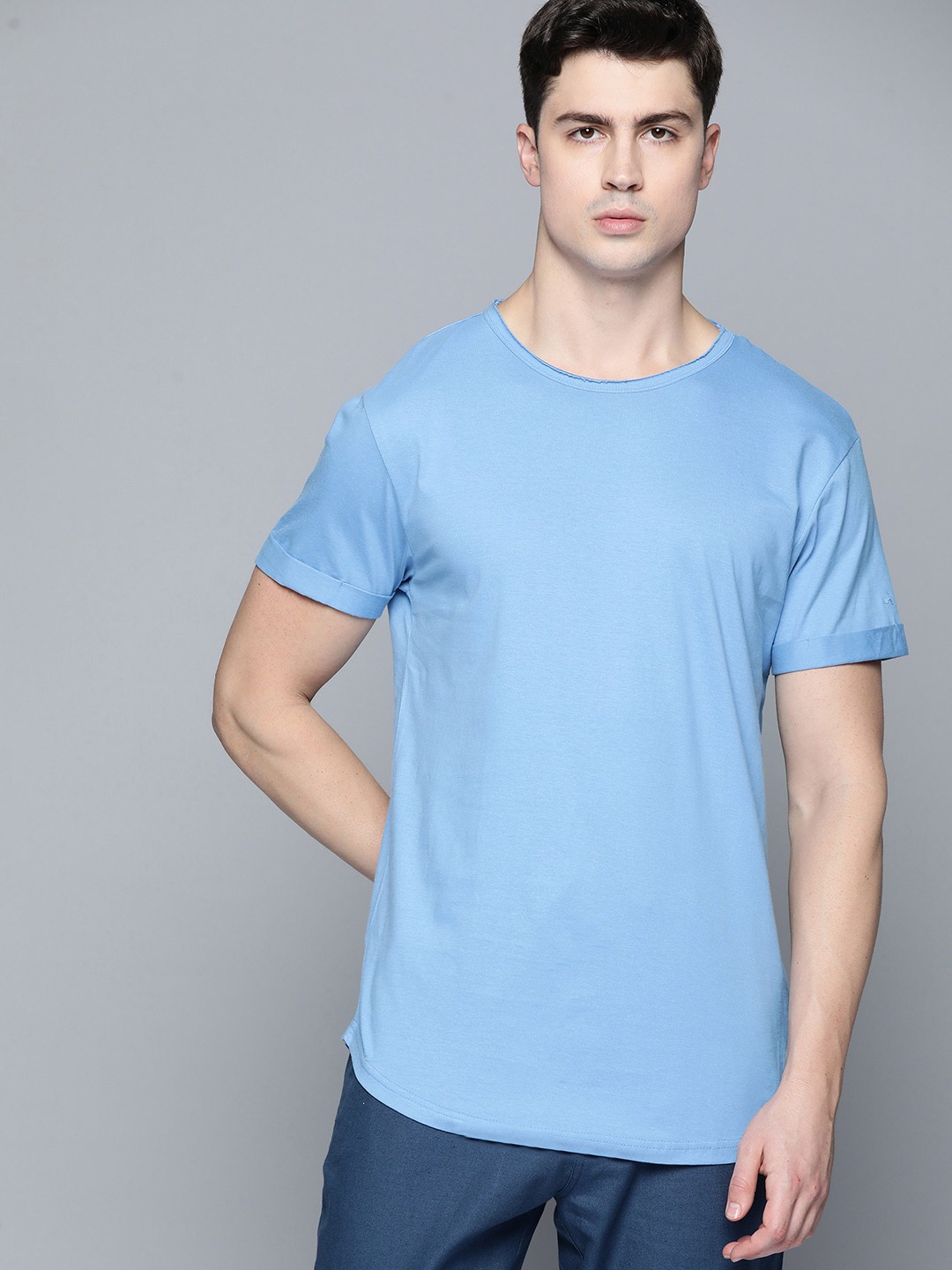 

ether Men Solid Drop-Shoulder Sleeves Pure Cotton T-shirt, Blue