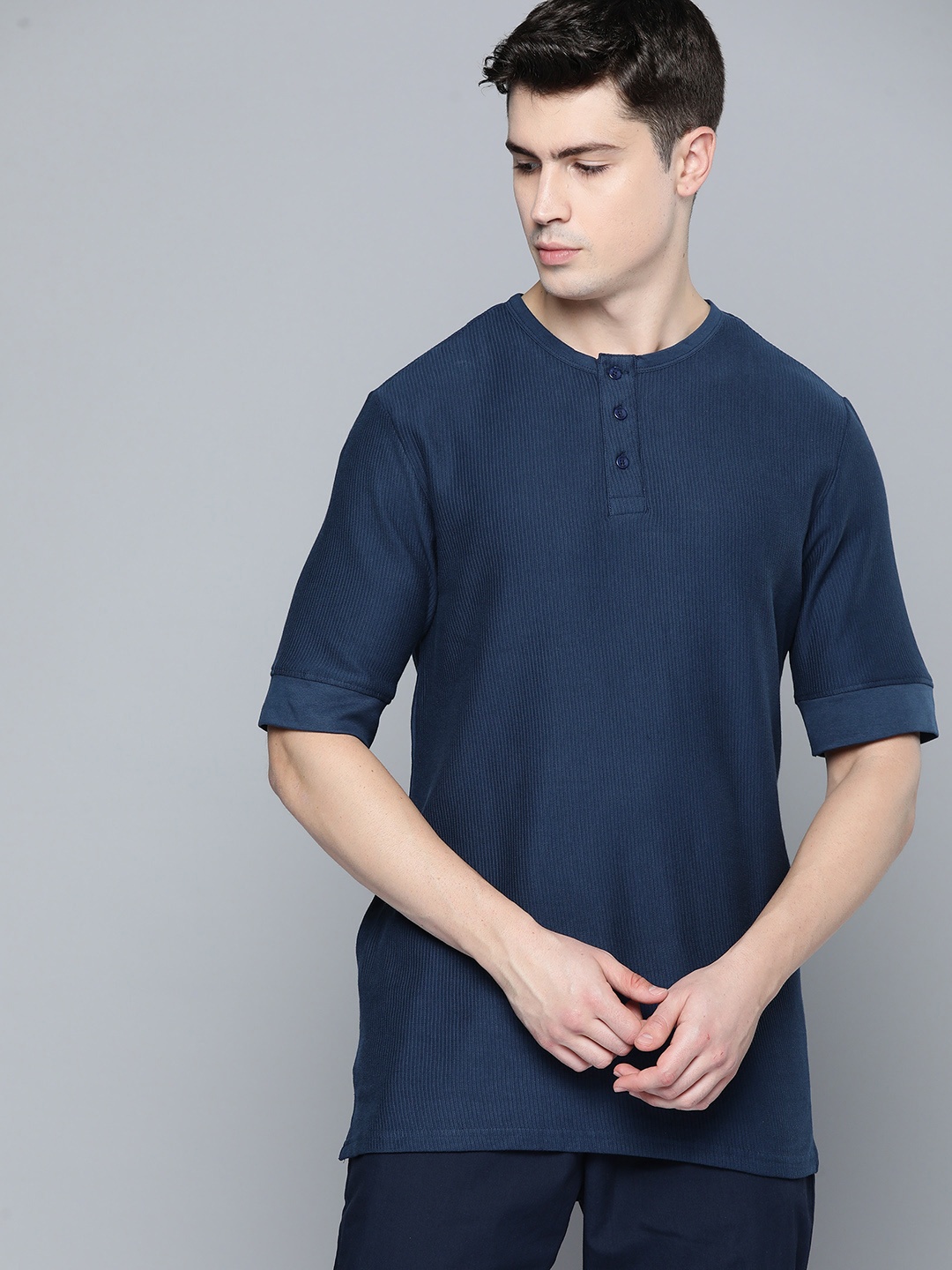 

ether Men Solid Ribbed Drop-Shoulder Sleeves T-shirt, Navy blue