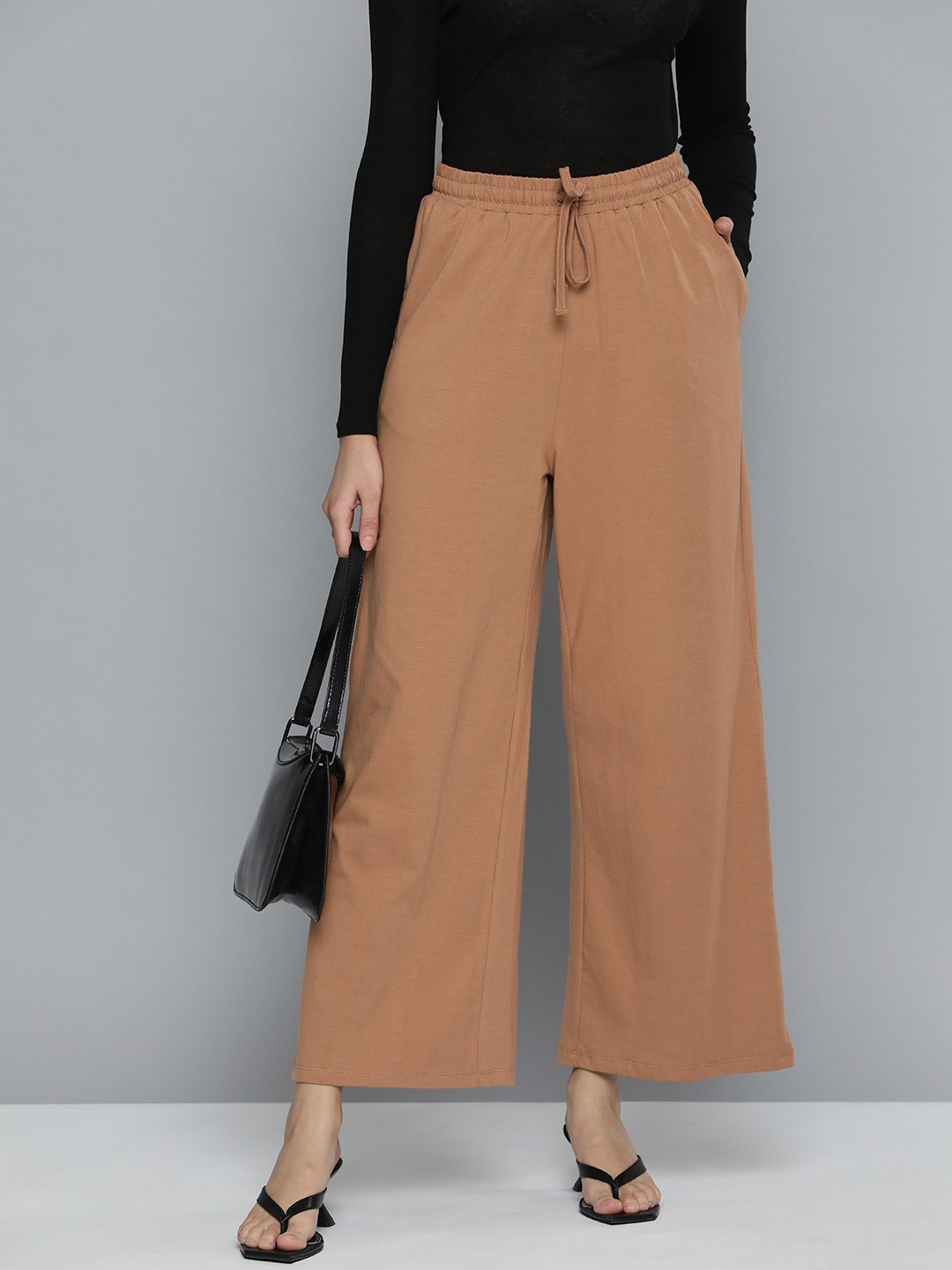 

Ether Women Beige Black Solid Track Pants With Drawcords