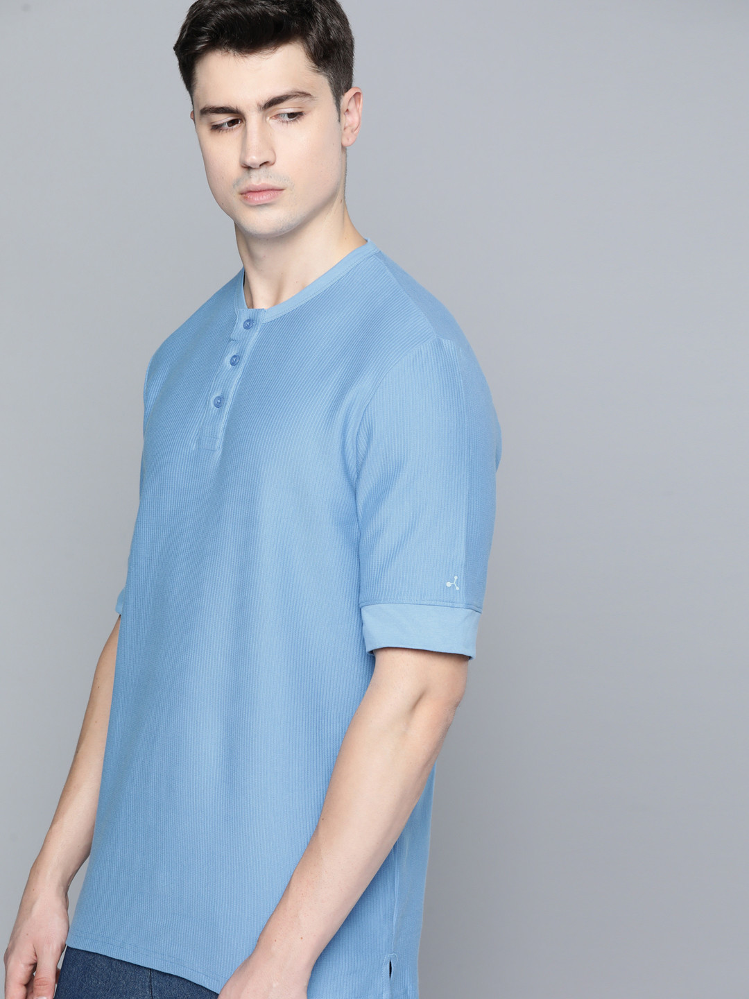 

ether Men Solid Ribbed Drop-Shoulder Sleeves T-shirt, Blue