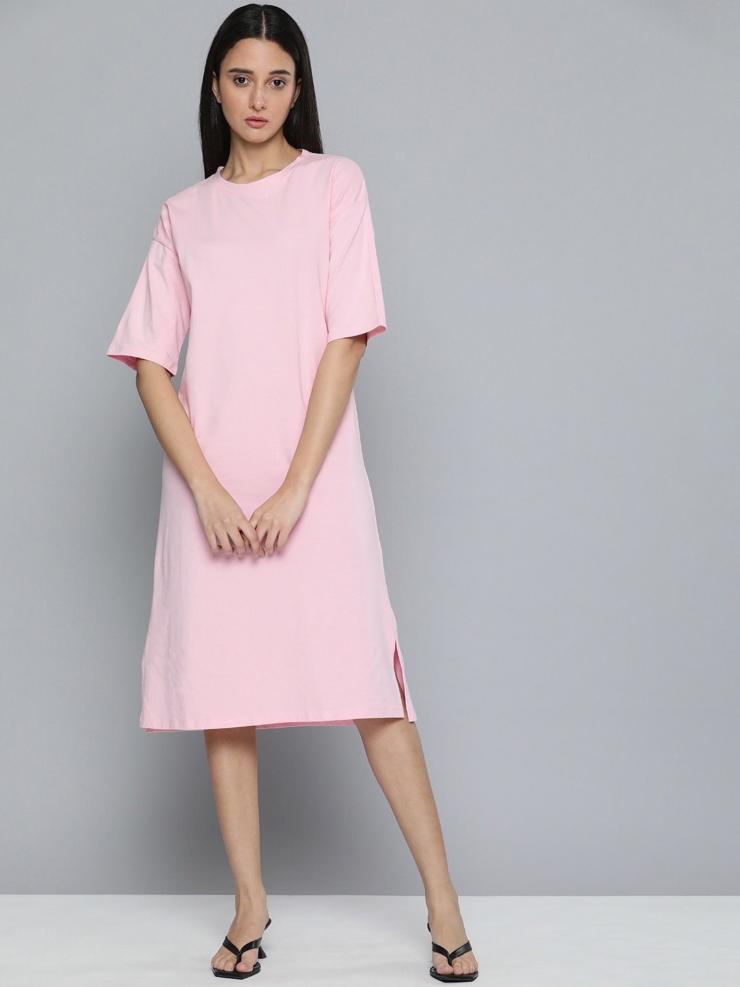 

ether Women Pink Solid Knee Length A-Line Dress