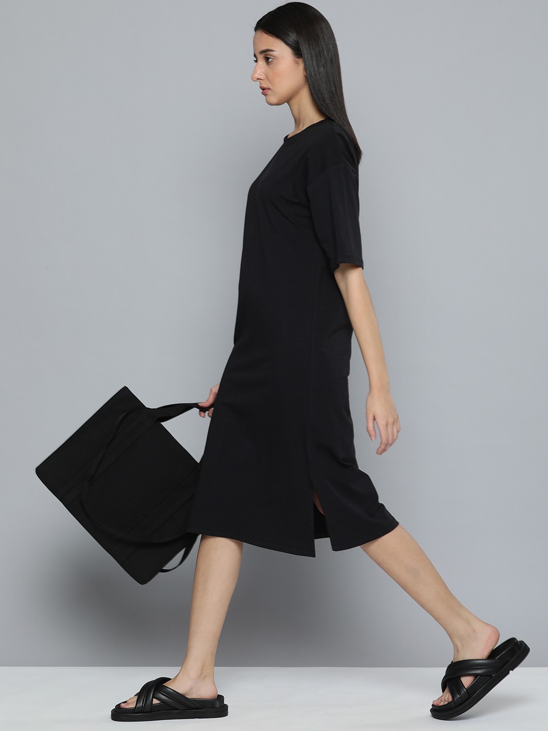 

ether Women Black Solid Knee Length A-Line Dress